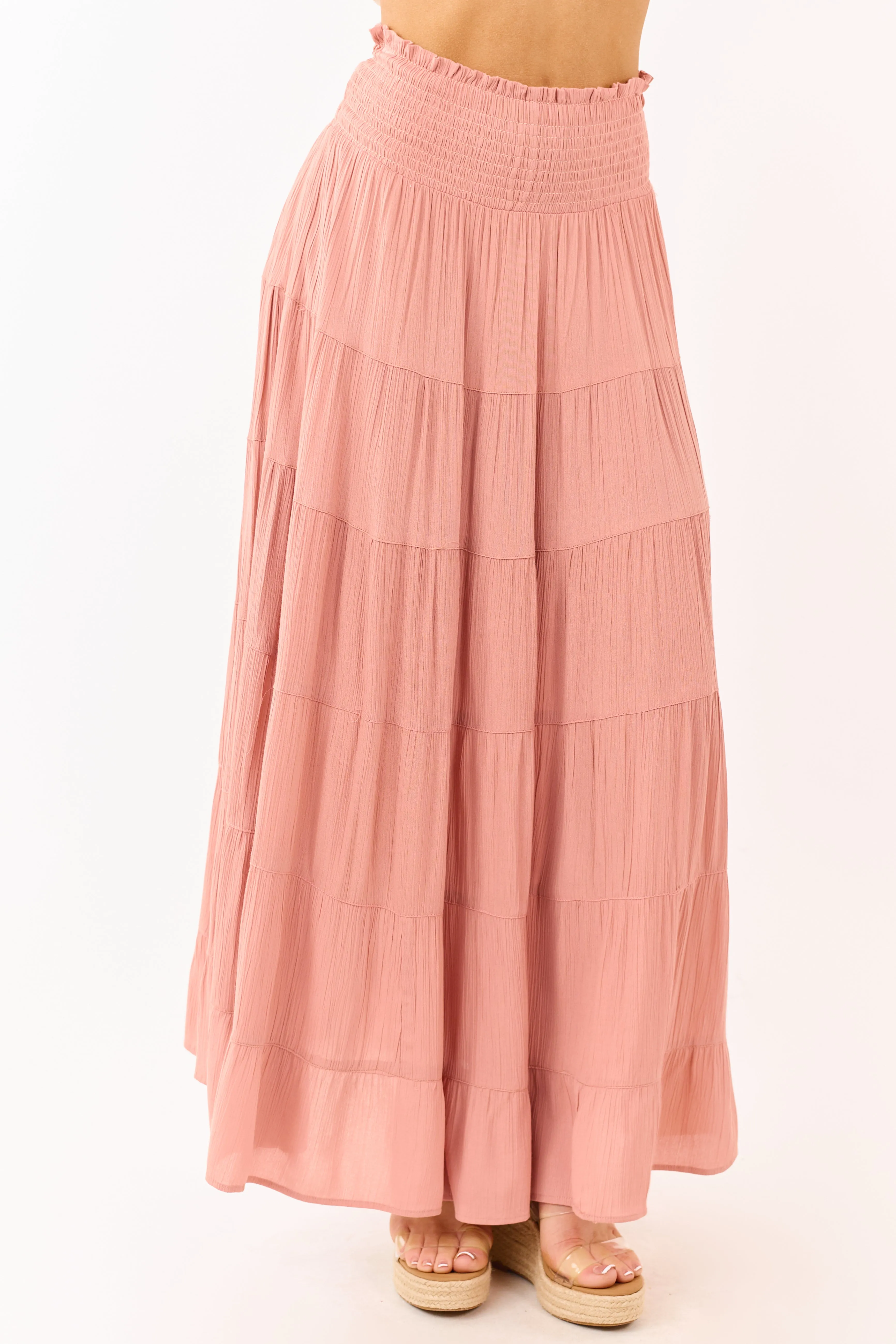 Dusty Rose Smocked Waist Tiered Maxi Skirt sold by Lime Lush product image thumbnail 2