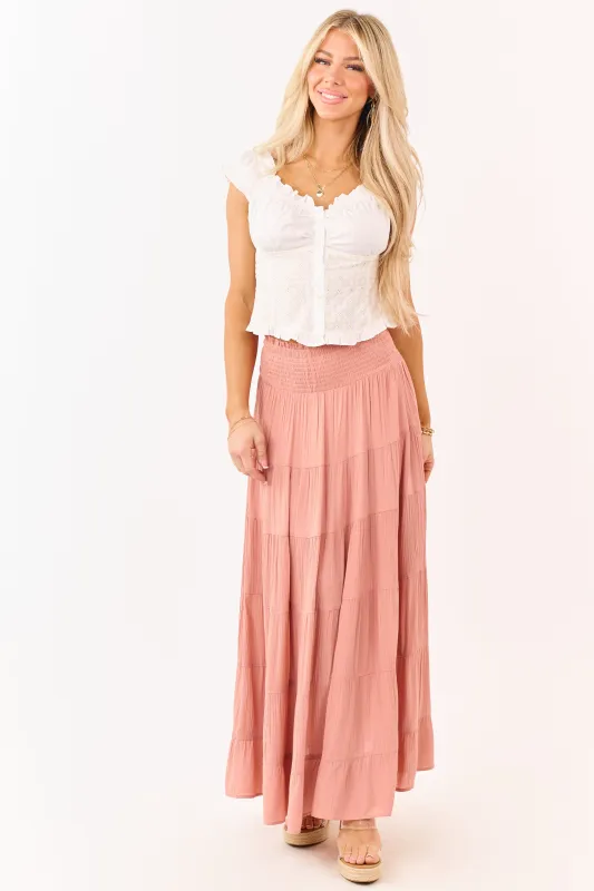Dusty Rose Smocked Waist Tiered Maxi Skirt made by Angie
