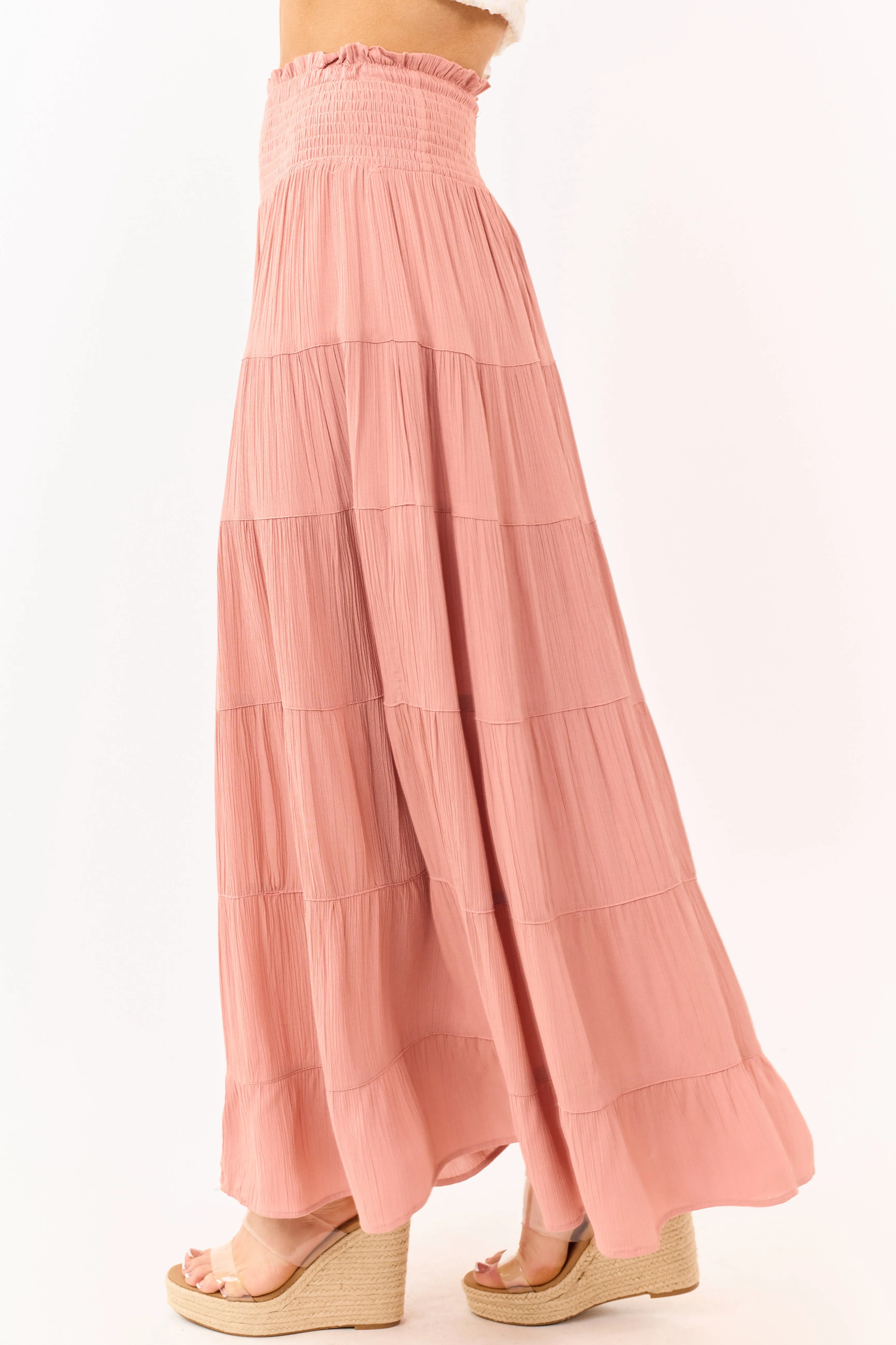 Dusty Rose Smocked Waist Tiered Maxi Skirt sold by Lime Lush product image thumbnail 3