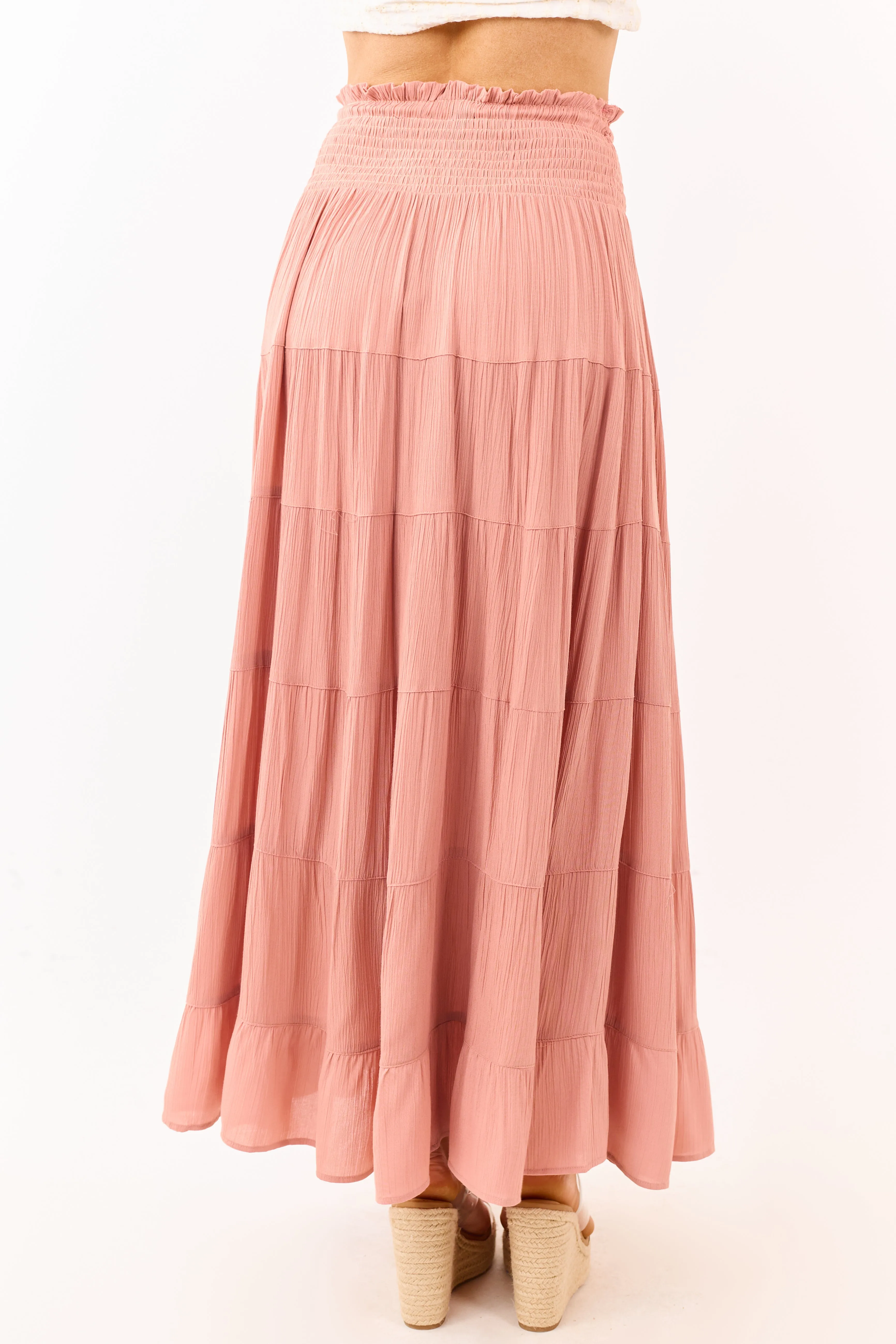 Dusty Rose Smocked Waist Tiered Maxi Skirt sold by Lime Lush product image thumbnail 4