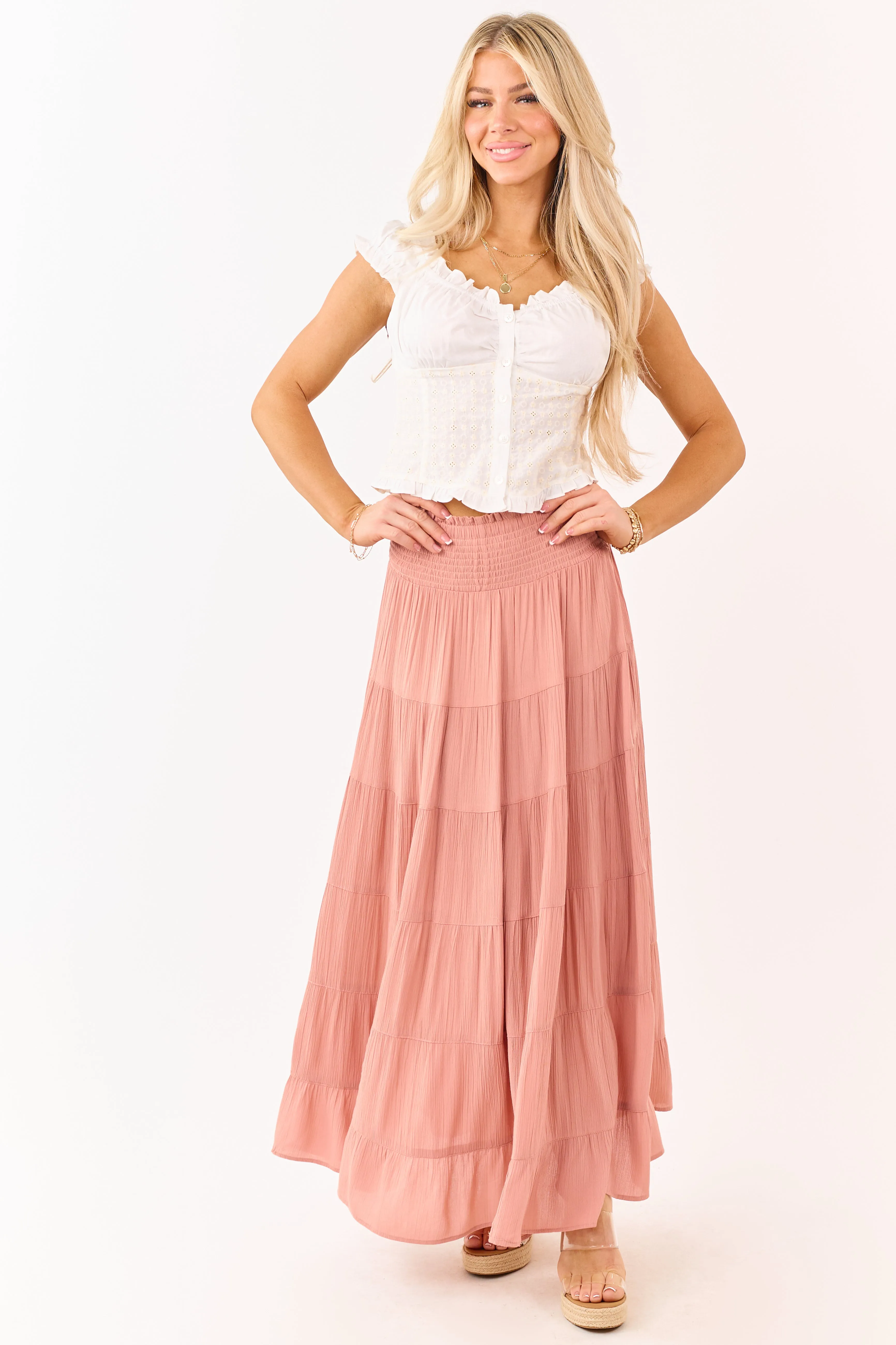 Dusty Rose Smocked Waist Tiered Maxi Skirt sold by Lime Lush product image thumbnail 5