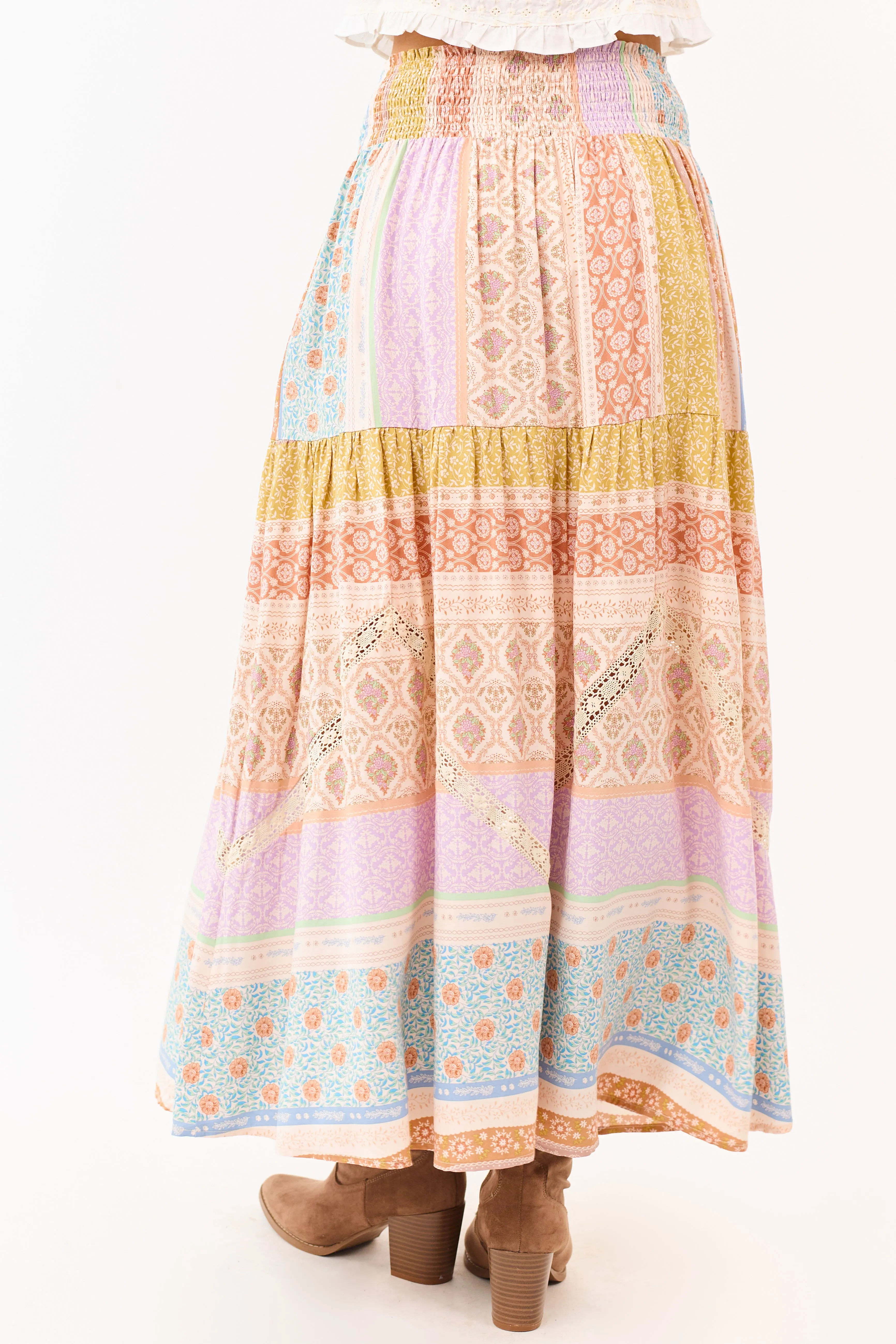 Lavender Floral Patchwork Smocked Waist Maxi Skirt sold by Lime Lush product image thumbnail 5