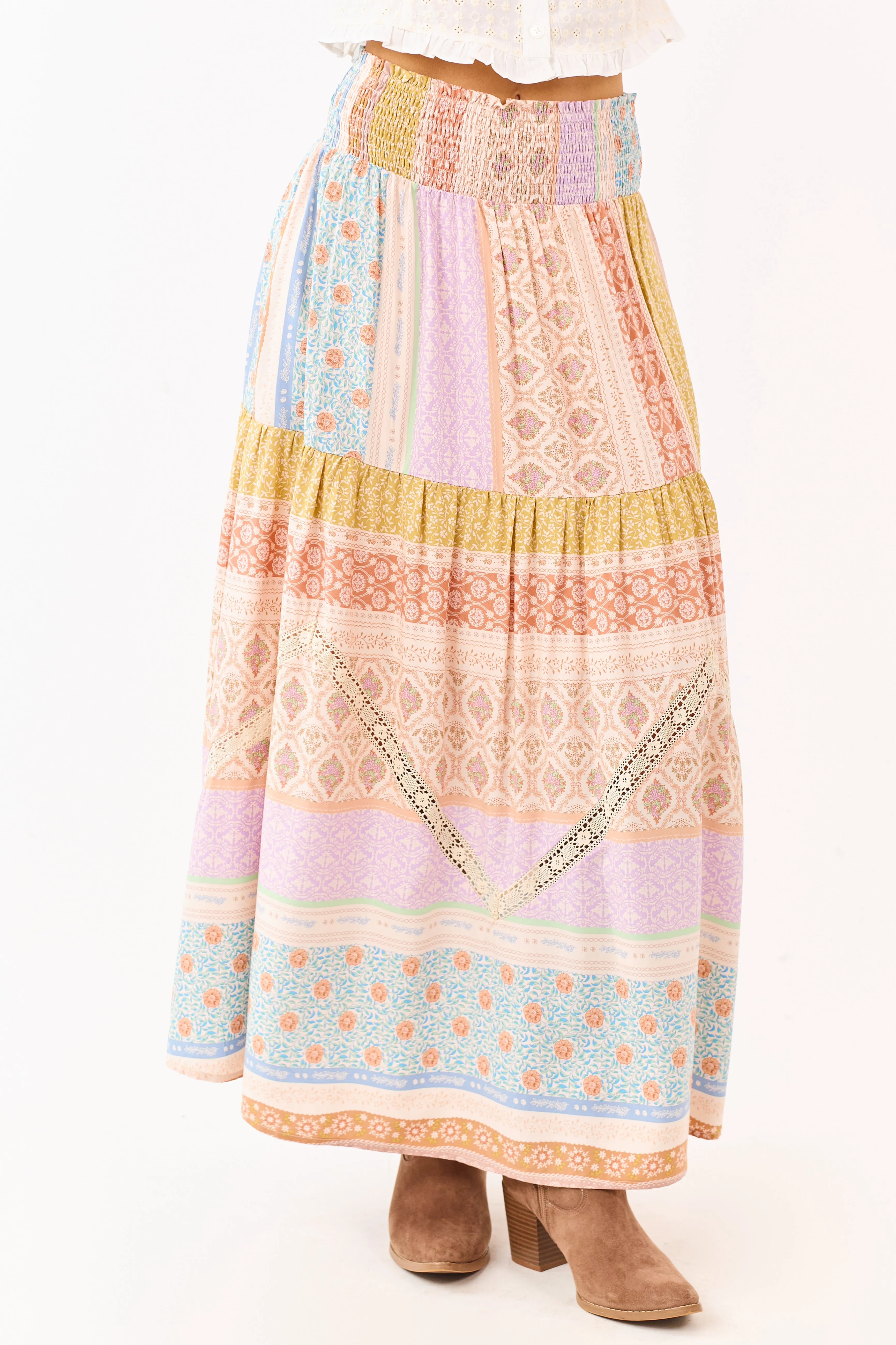 Lavender Floral Patchwork Smocked Waist Maxi Skirt sold by Lime Lush product image thumbnail 3