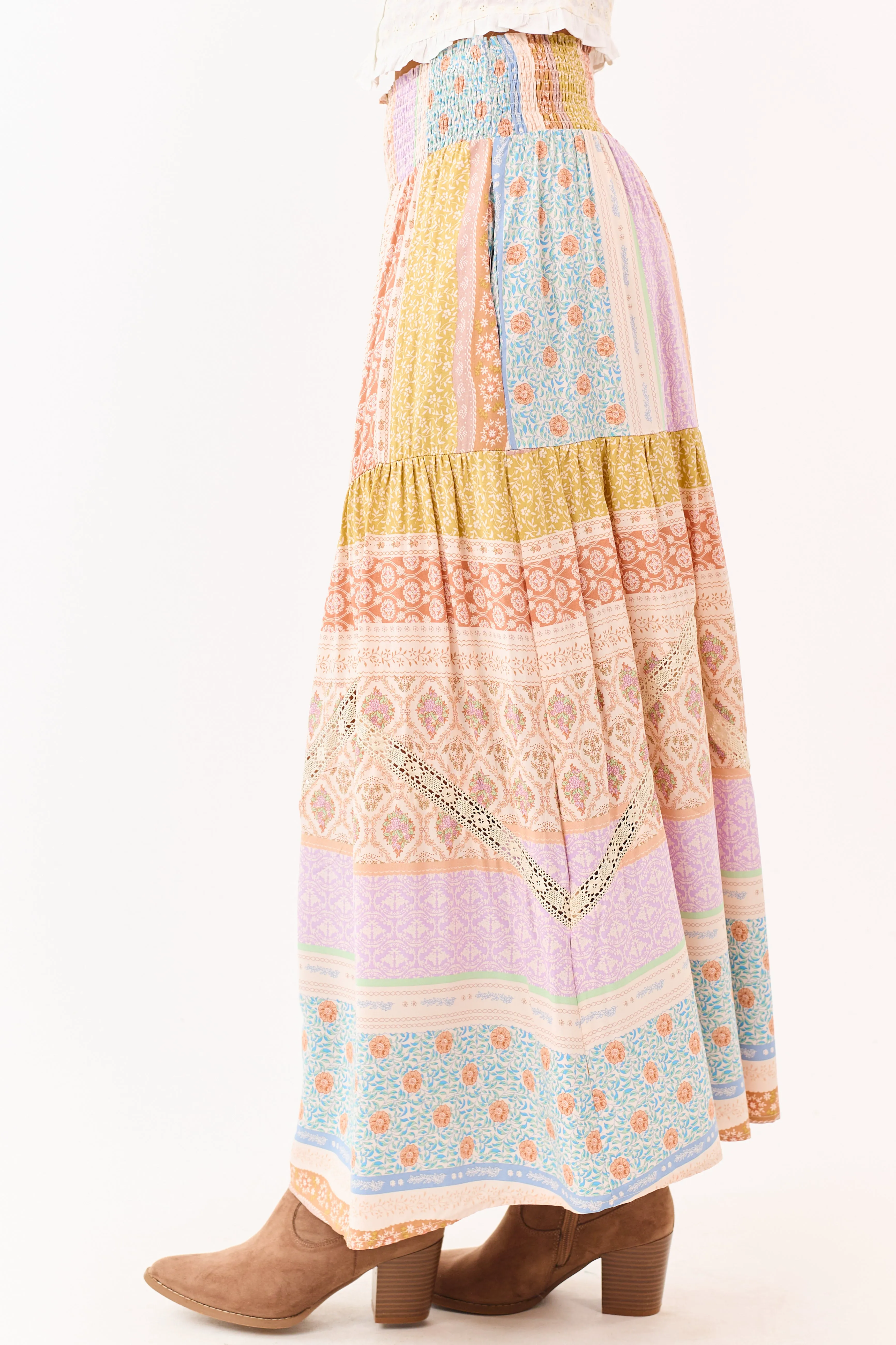 Lavender Floral Patchwork Smocked Waist Maxi Skirt sold by Lime Lush product image thumbnail 4