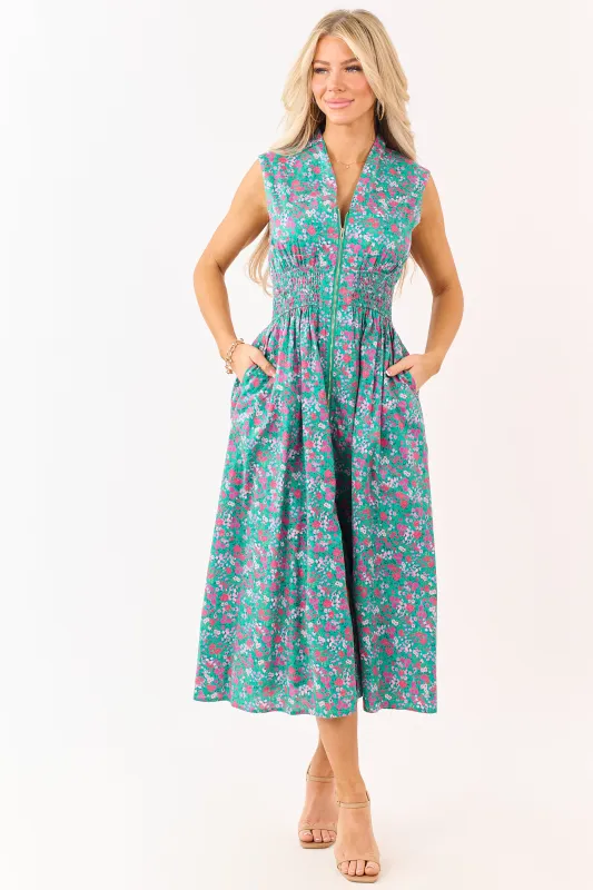 Entro Jungle Green Cotton Floral Zip Up Midi Dress made by entro