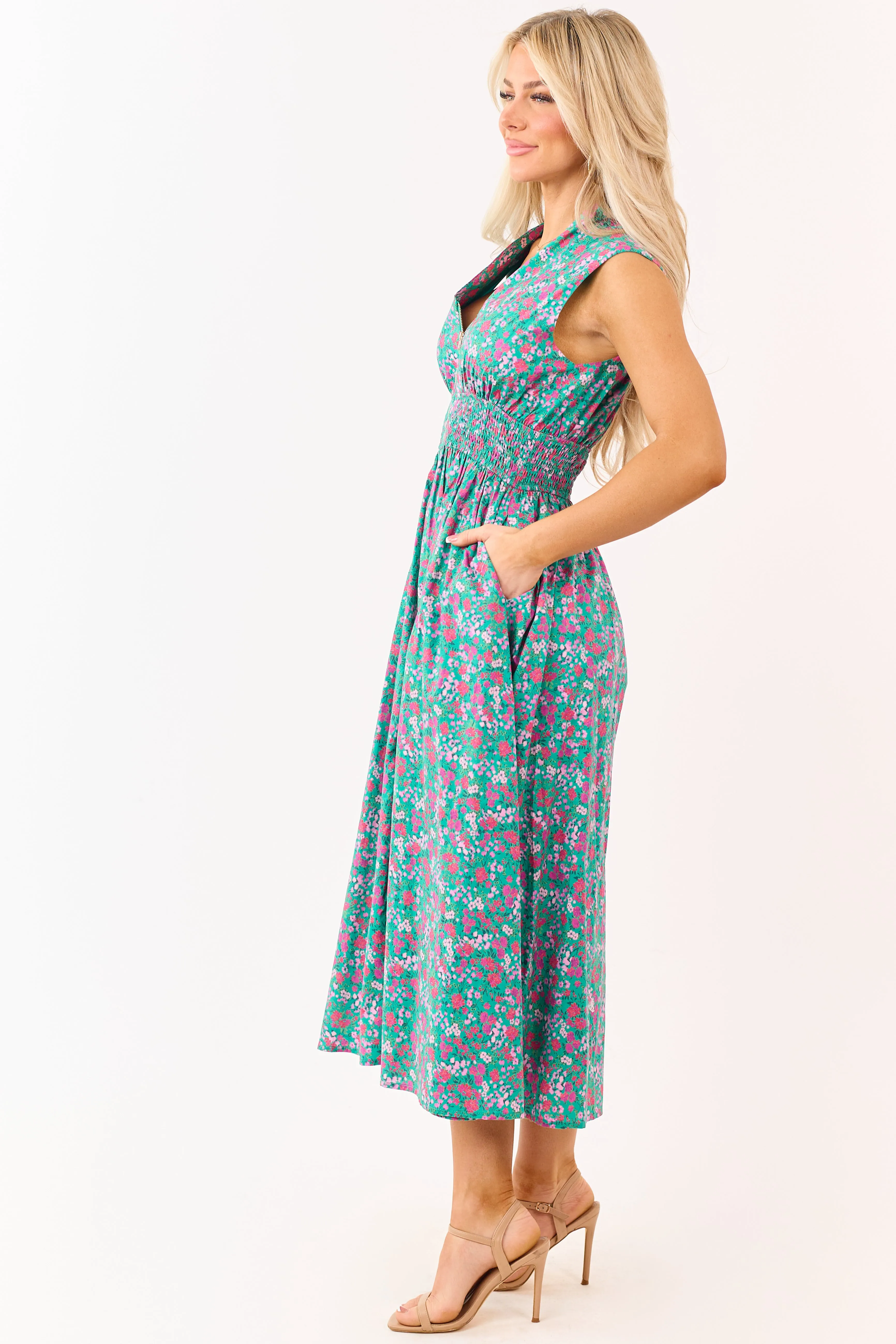 Entro Jungle Green Cotton Floral Zip Up Midi Dress sold by Lime Lush product image thumbnail 5