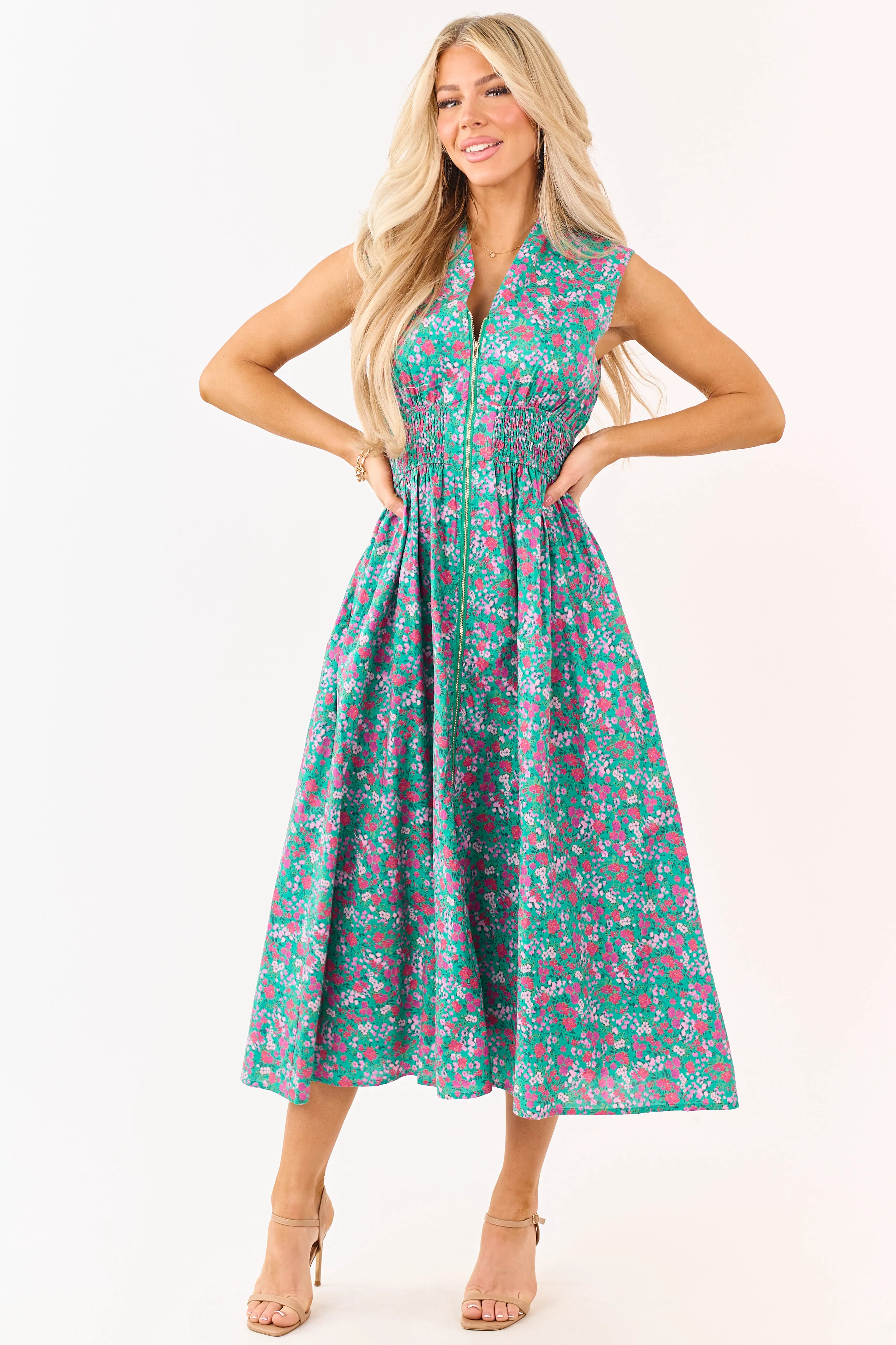 Entro Jungle Green Cotton Floral Zip Up Midi Dress sold by Lime Lush product image thumbnail 2