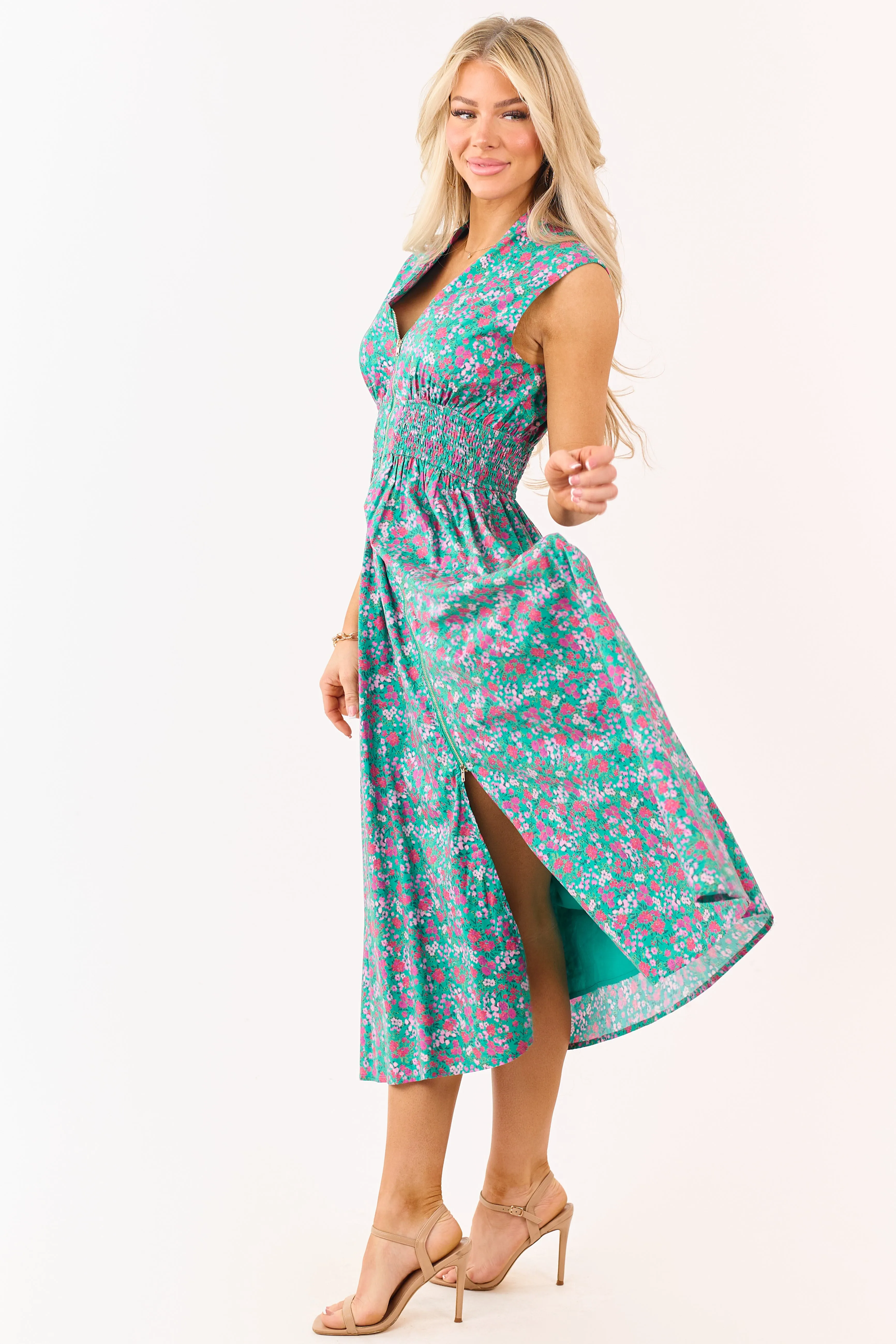 Entro Jungle Green Cotton Floral Zip Up Midi Dress sold by Lime Lush product image thumbnail 4