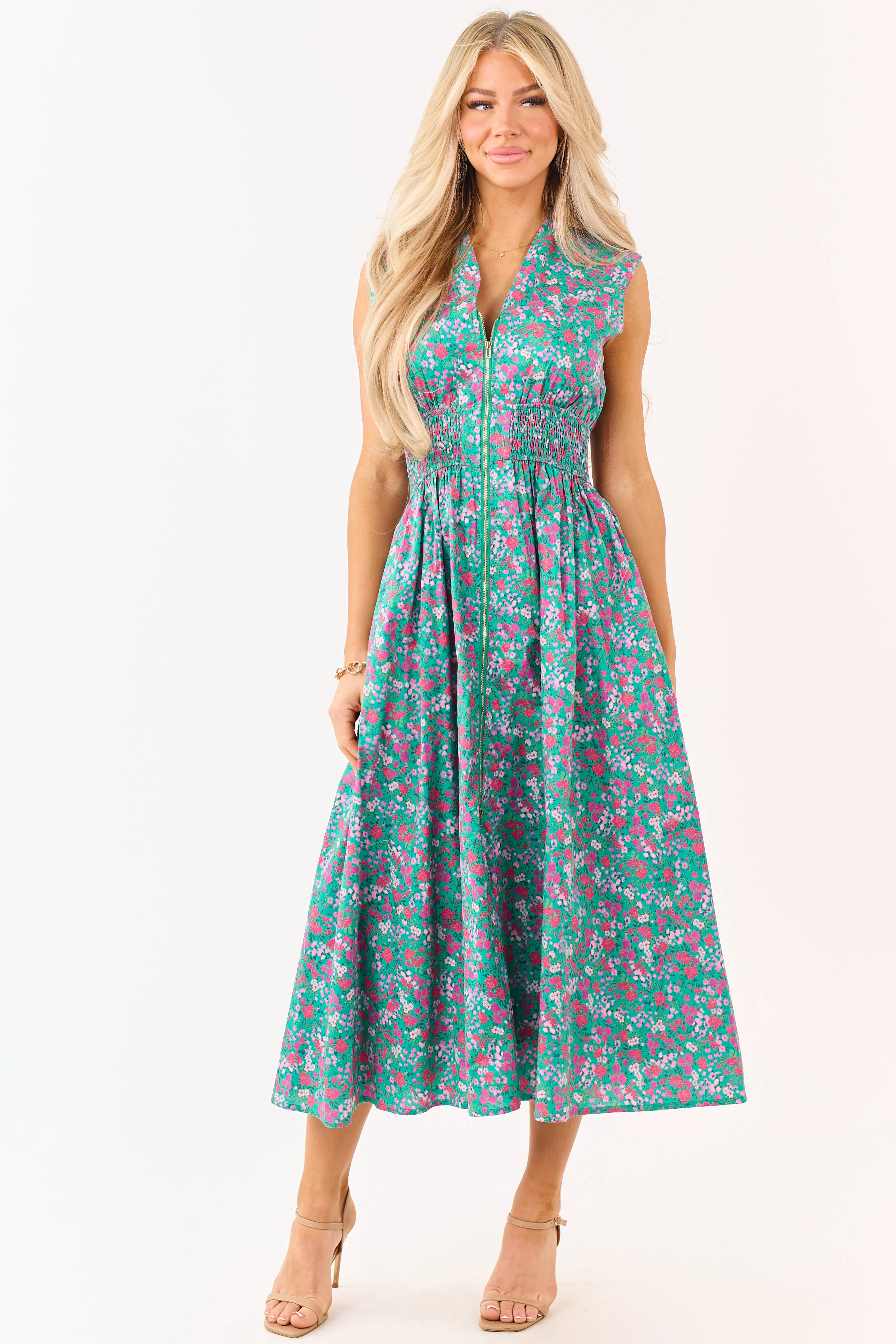 Entro Jungle Green Cotton Floral Zip Up Midi Dress sold by Lime Lush product image thumbnail 3