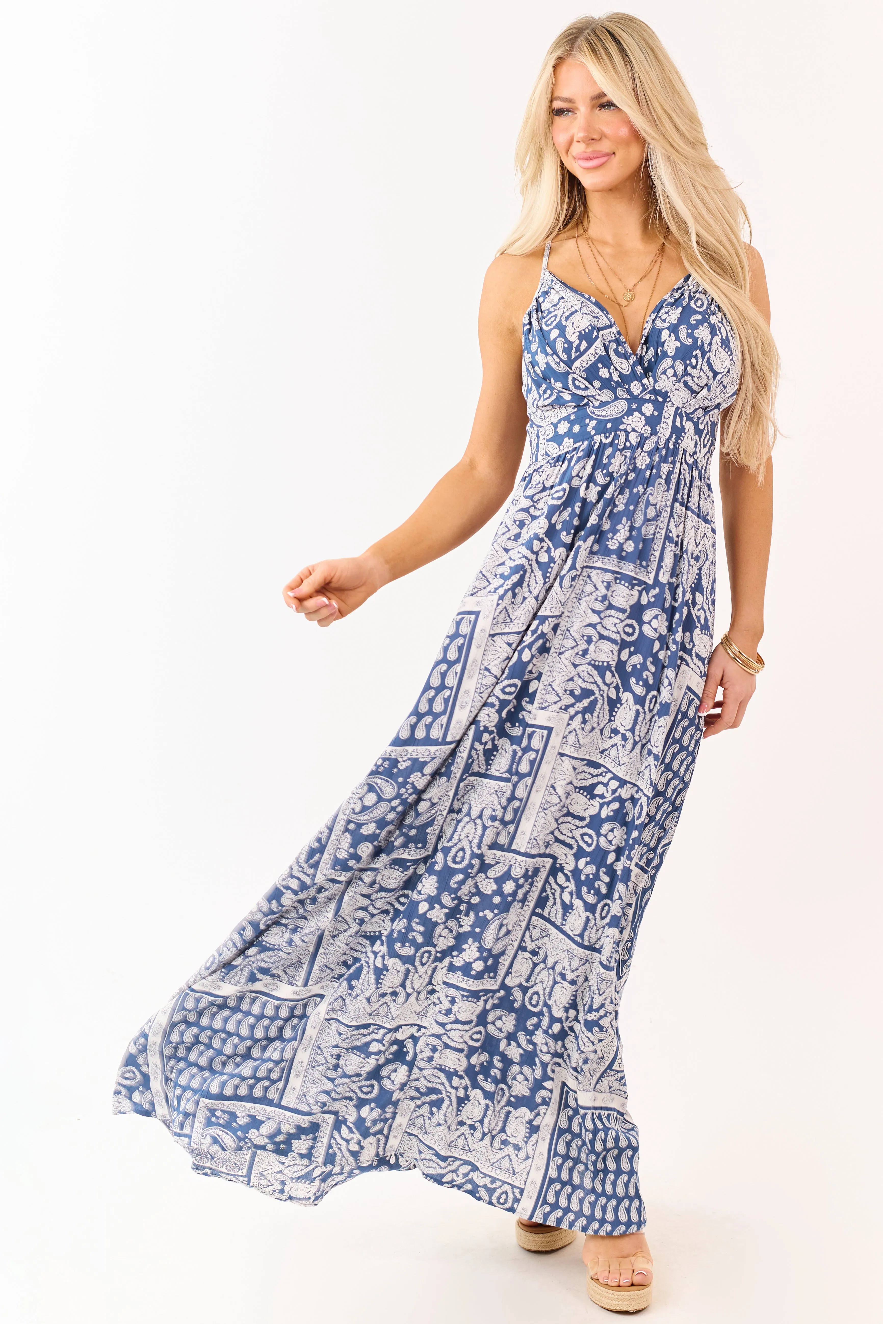 Navy Paisley Print Cross Strap V-Neck Maxi Dress sold by Lime Lush product image thumbnail 4