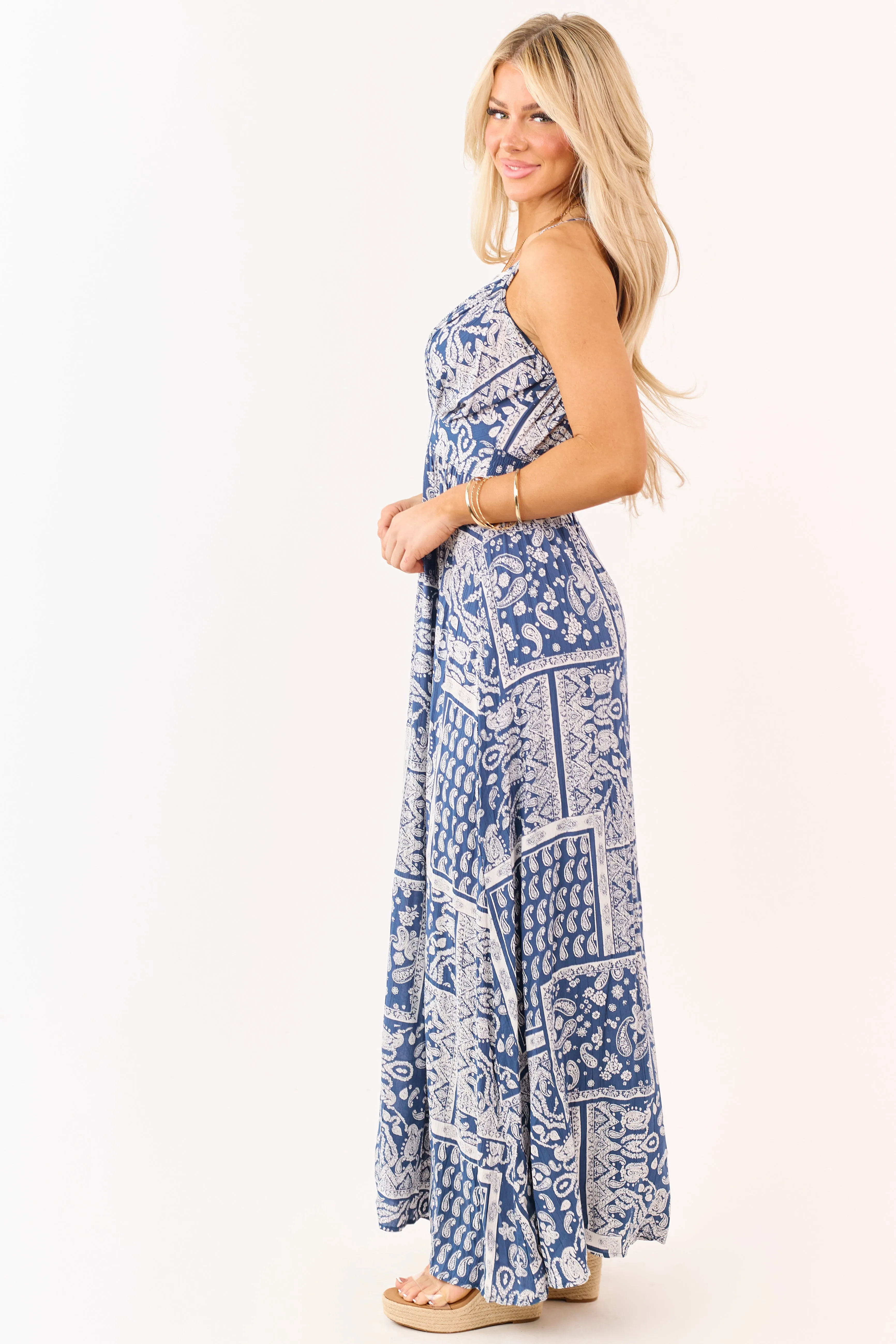 Navy Paisley Print Cross Strap V-Neck Maxi Dress sold by Lime Lush product image thumbnail 5