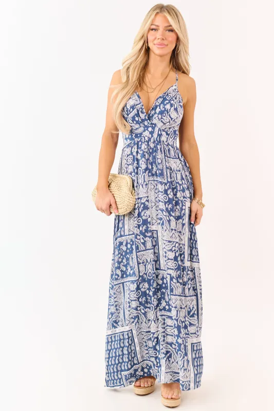Navy Paisley Print Cross Strap V-Neck Maxi Dress made by Angie
