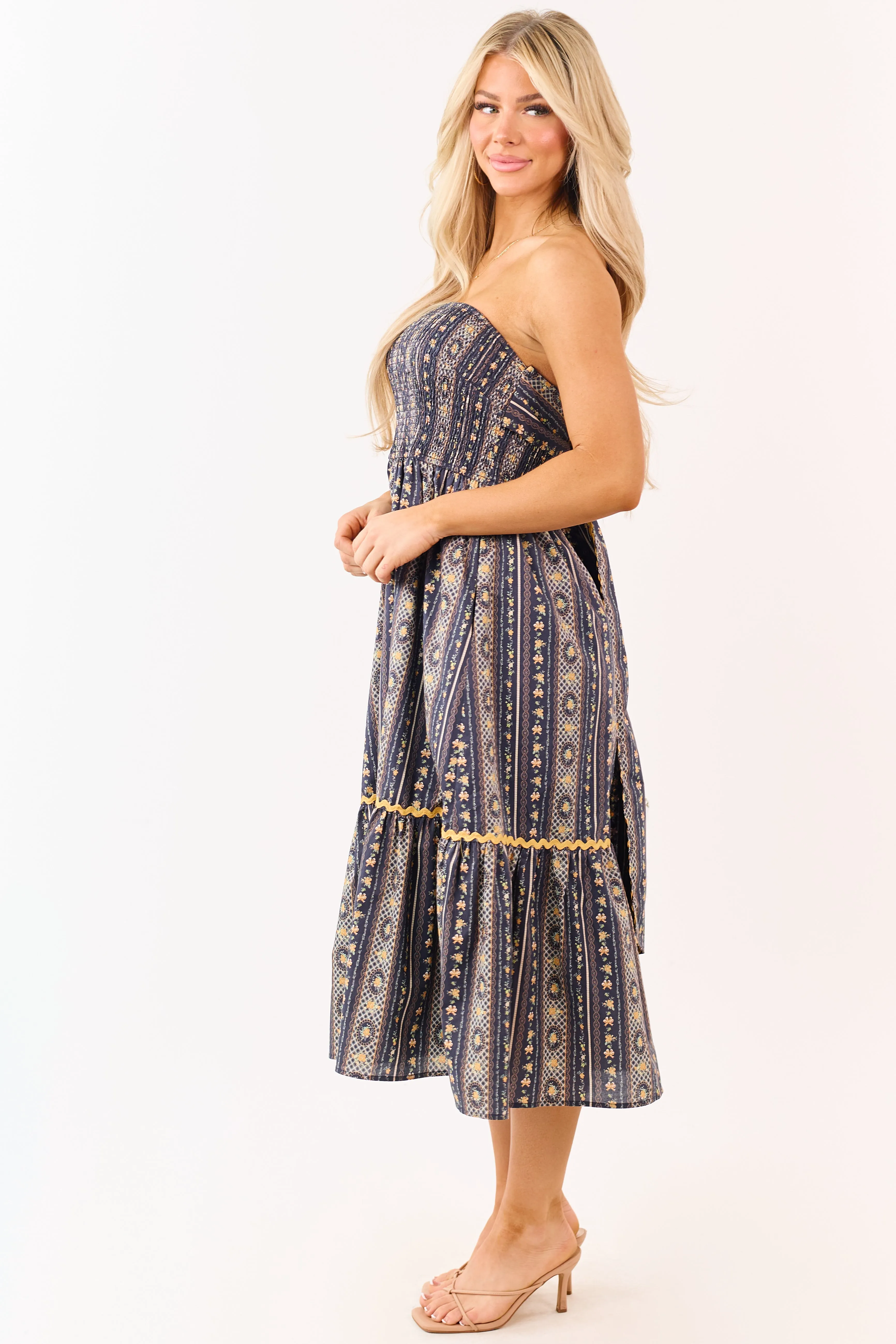 Navy Strapless Vintage Floral Cotton Midi Dress sold by Lime Lush product image thumbnail 4