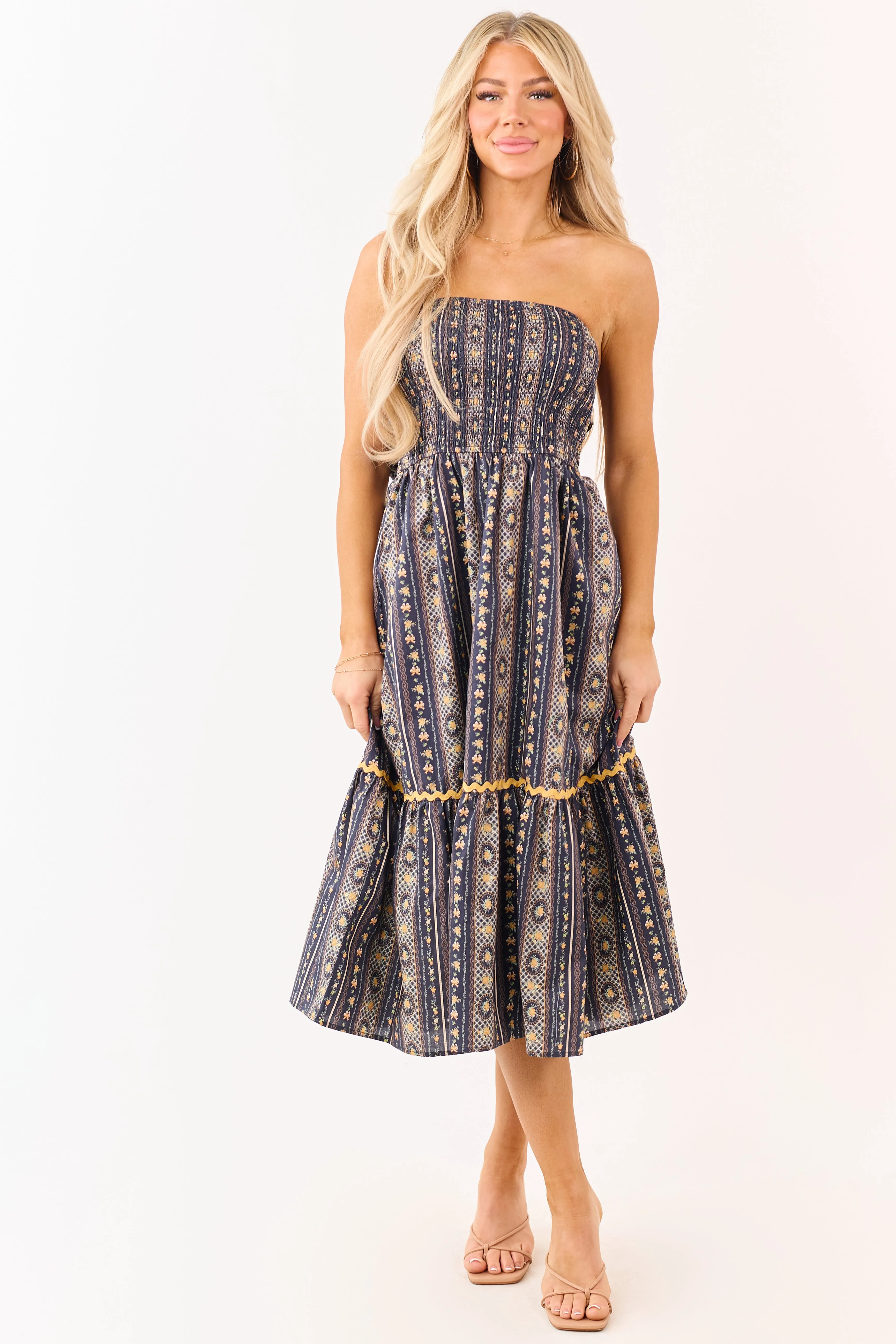 Navy Strapless Vintage Floral Cotton Midi Dress sold by Lime Lush product image thumbnail 2