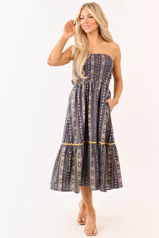 Navy Strapless Vintage Floral Cotton Midi Dress made by HEYSON