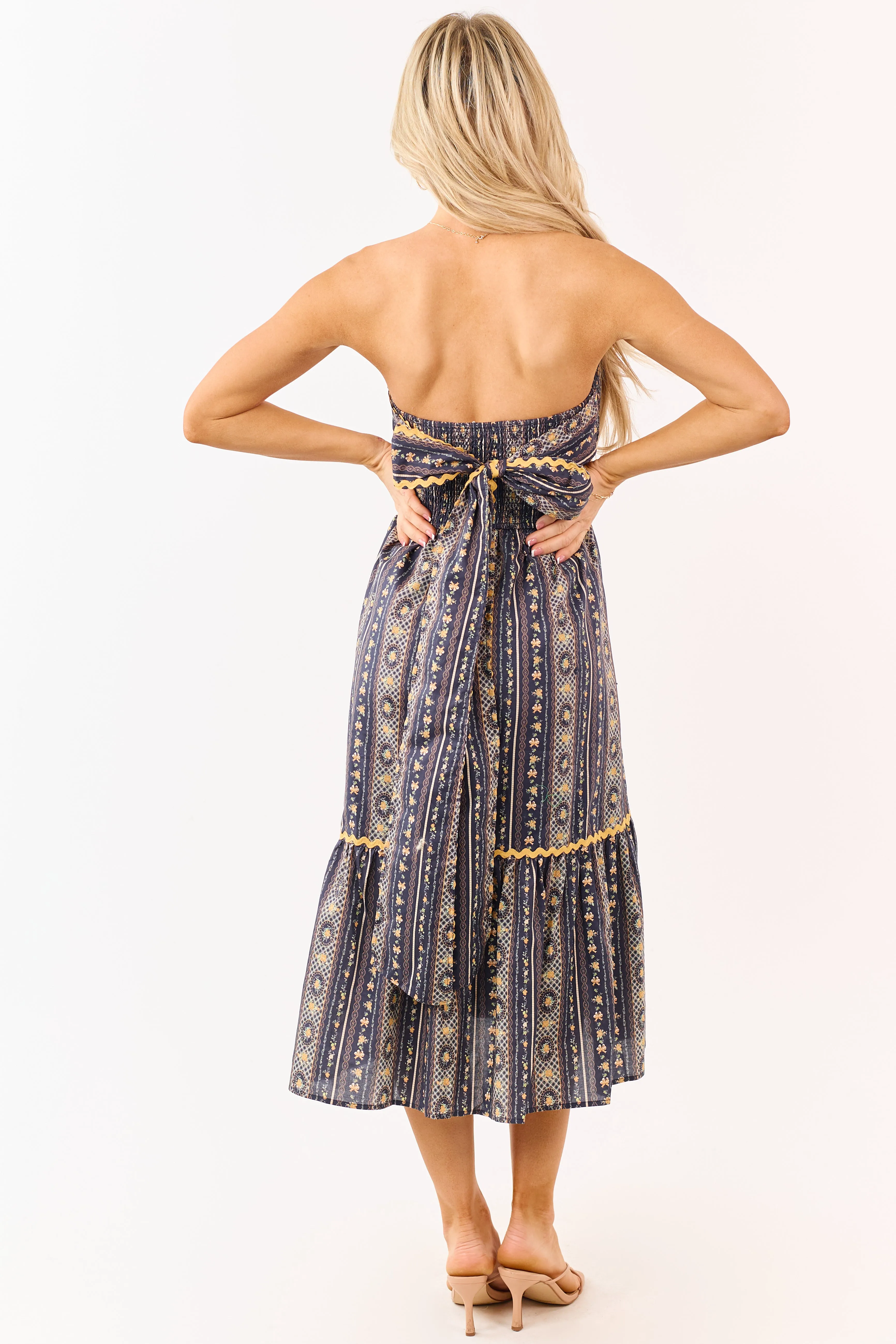 Navy Strapless Vintage Floral Cotton Midi Dress sold by Lime Lush product image thumbnail 5