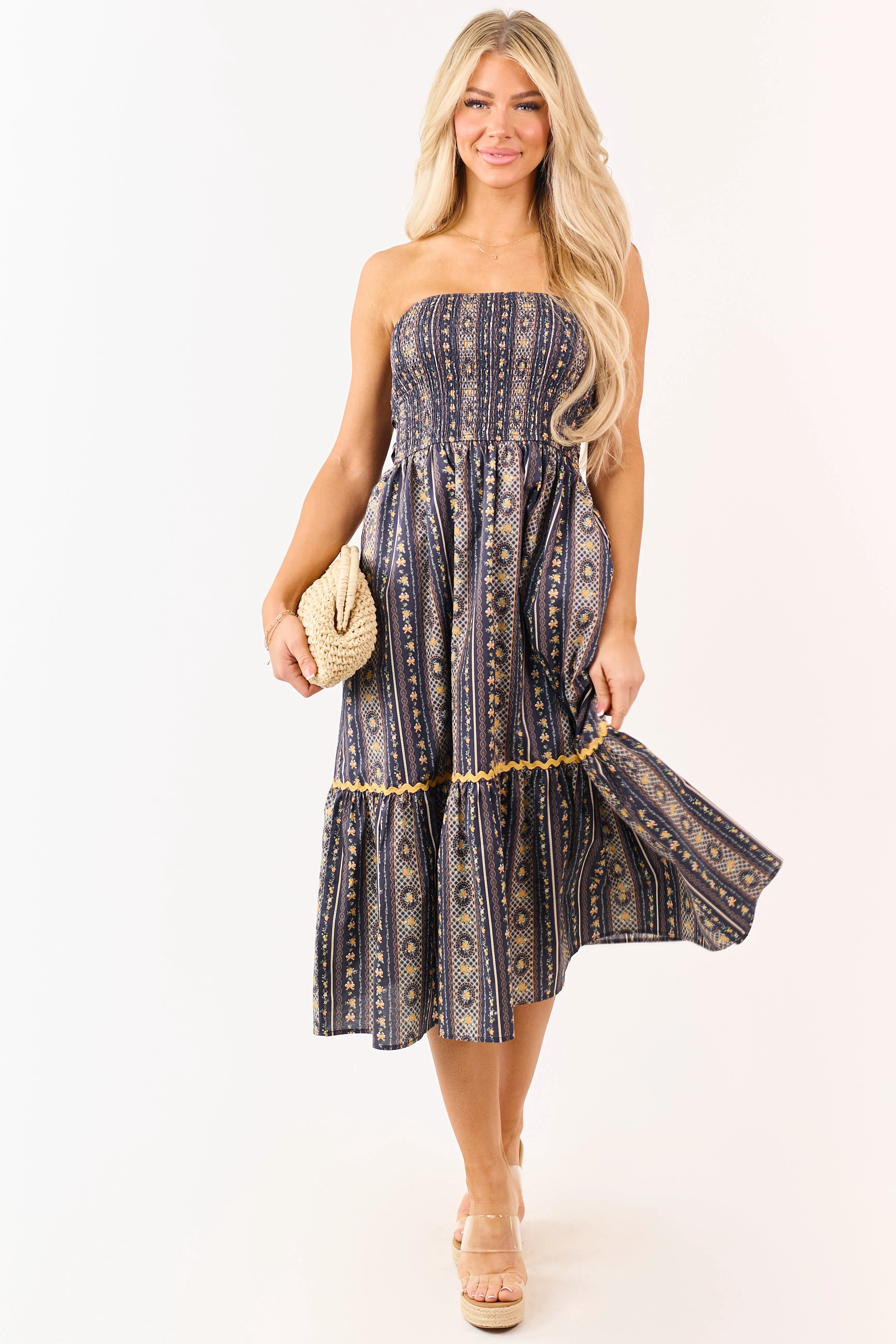 Navy Strapless Vintage Floral Cotton Midi Dress sold by Lime Lush product image thumbnail 3