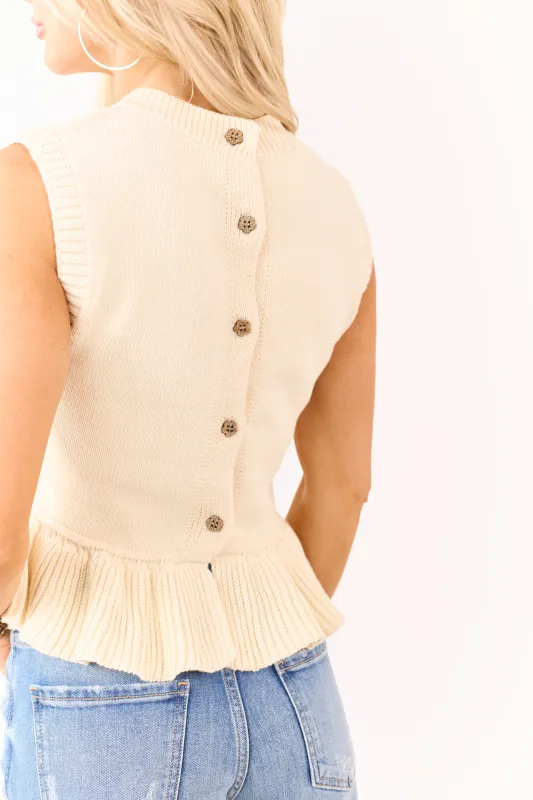 Cream Cotton Rib Knit Back Button Down Sweater Vest sold by Lime Lush