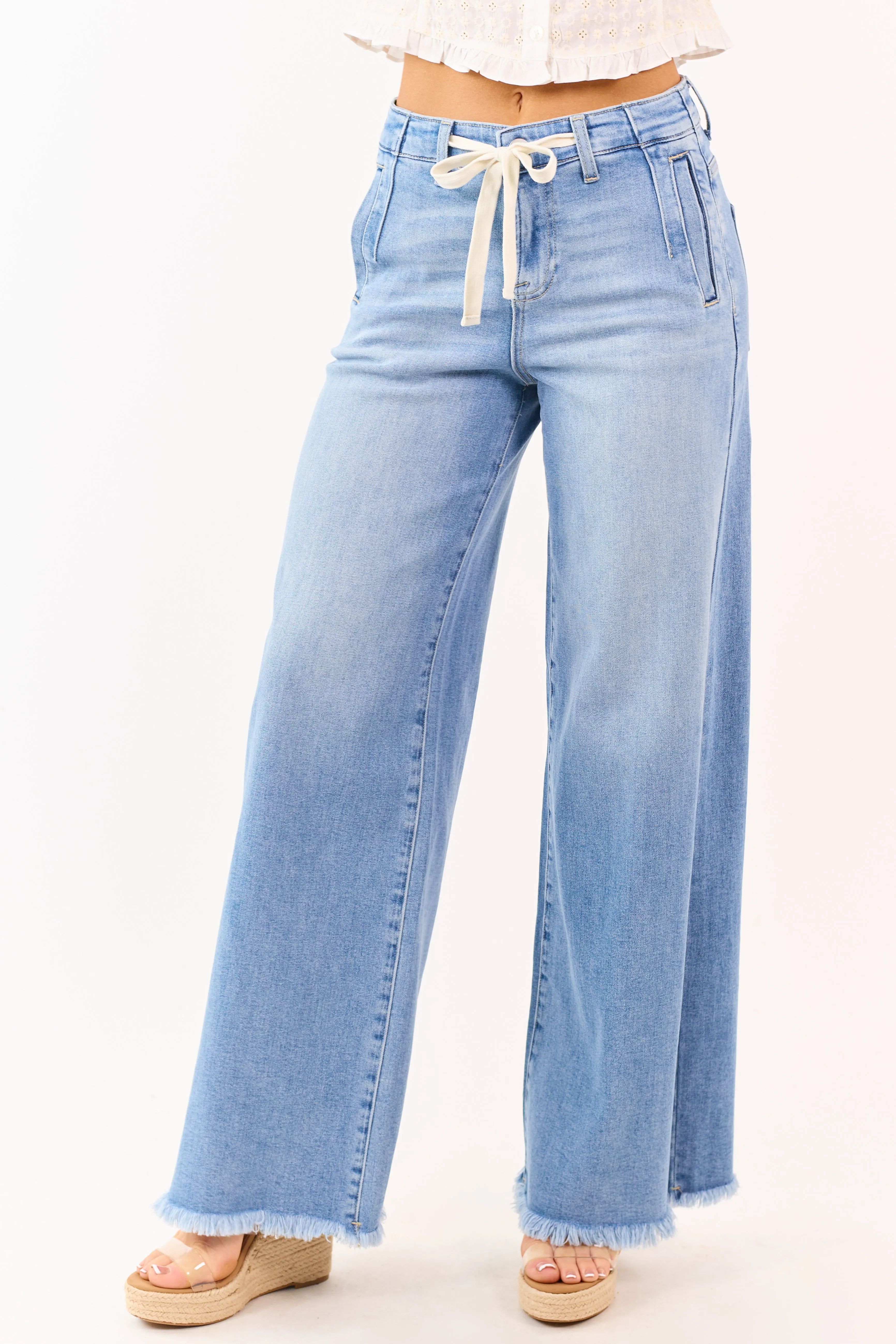 Risen Light Wash High Rise Wide Leg Drawstring Jeans sold by Lime Lush product image thumbnail 2