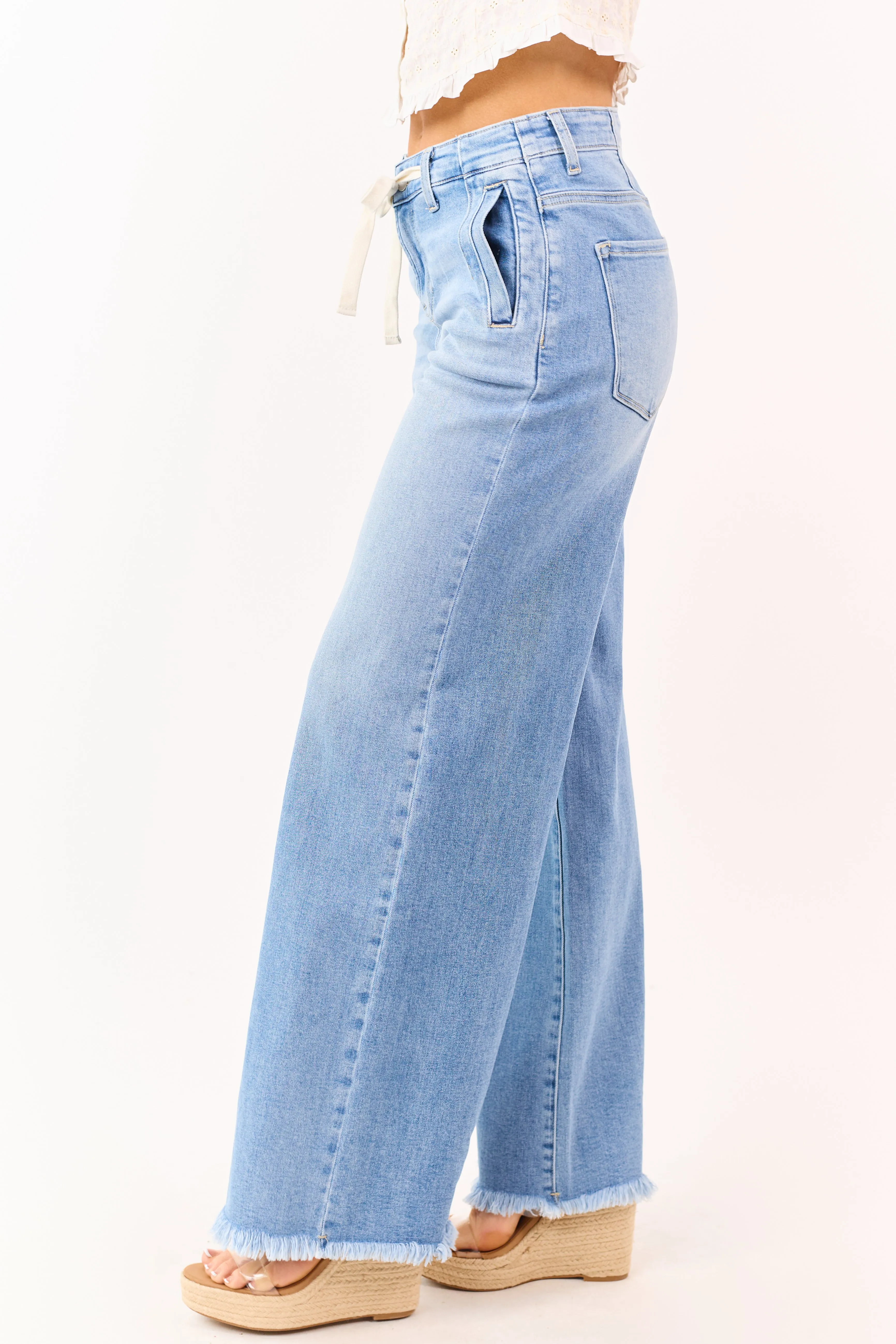 Risen Light Wash High Rise Wide Leg Drawstring Jeans sold by Lime Lush product image thumbnail 3