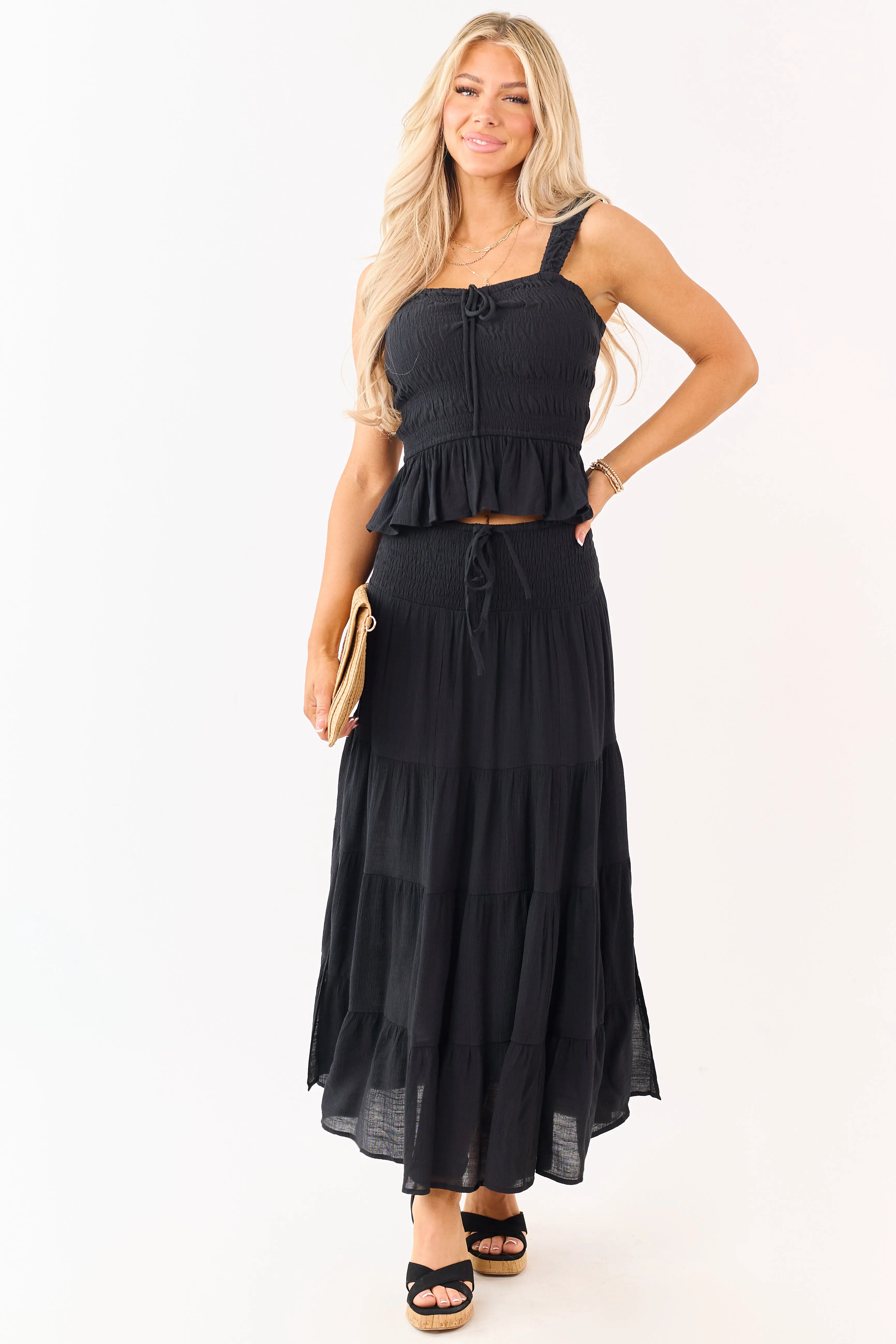 Black Smocked Bodice Ruffle Peplum Hem Tank Top sold by Lime Lush product image thumbnail 4