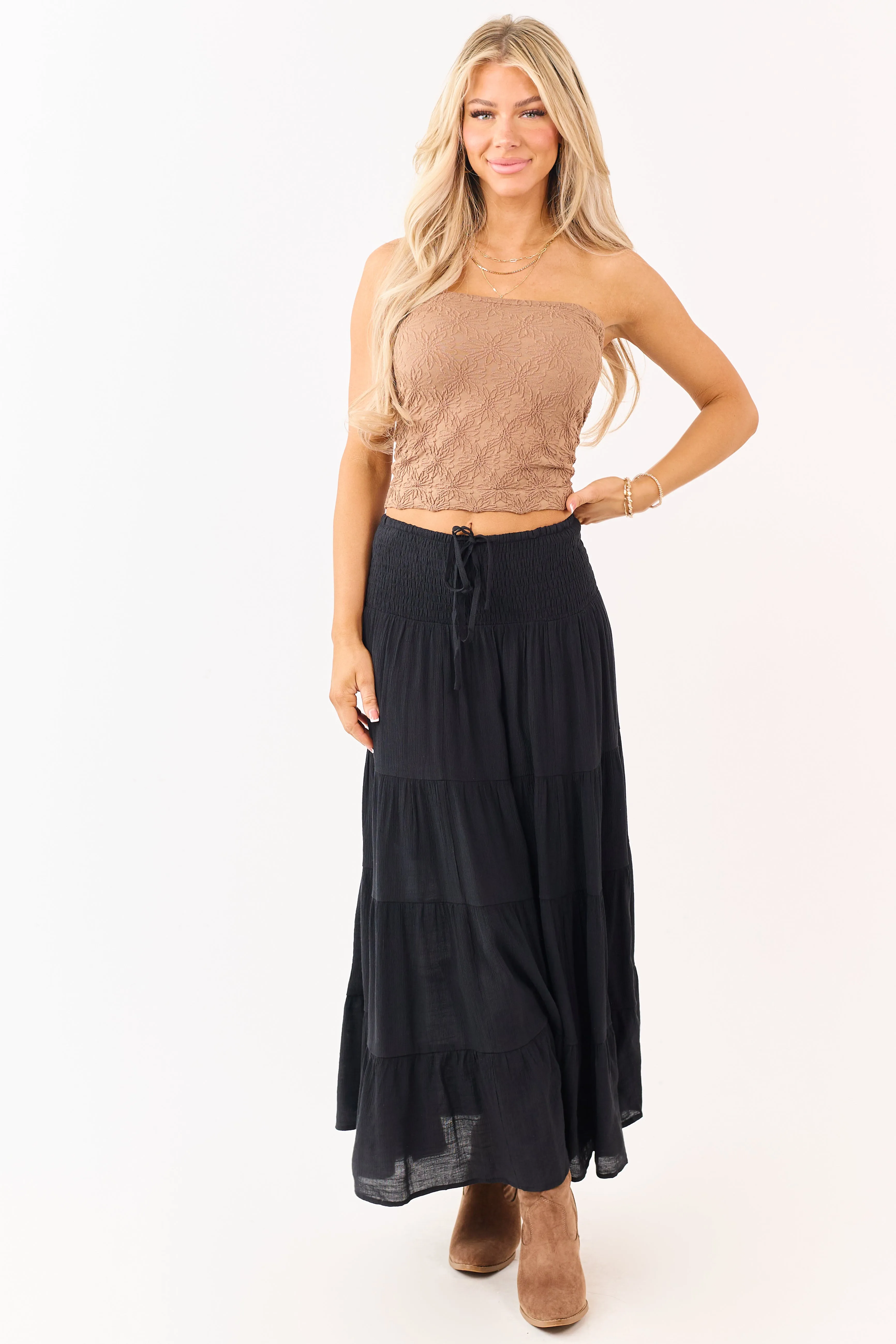 Black Smocked Waist Tiered Flowy Maxi Skirt sold by Lime Lush product image thumbnail 5