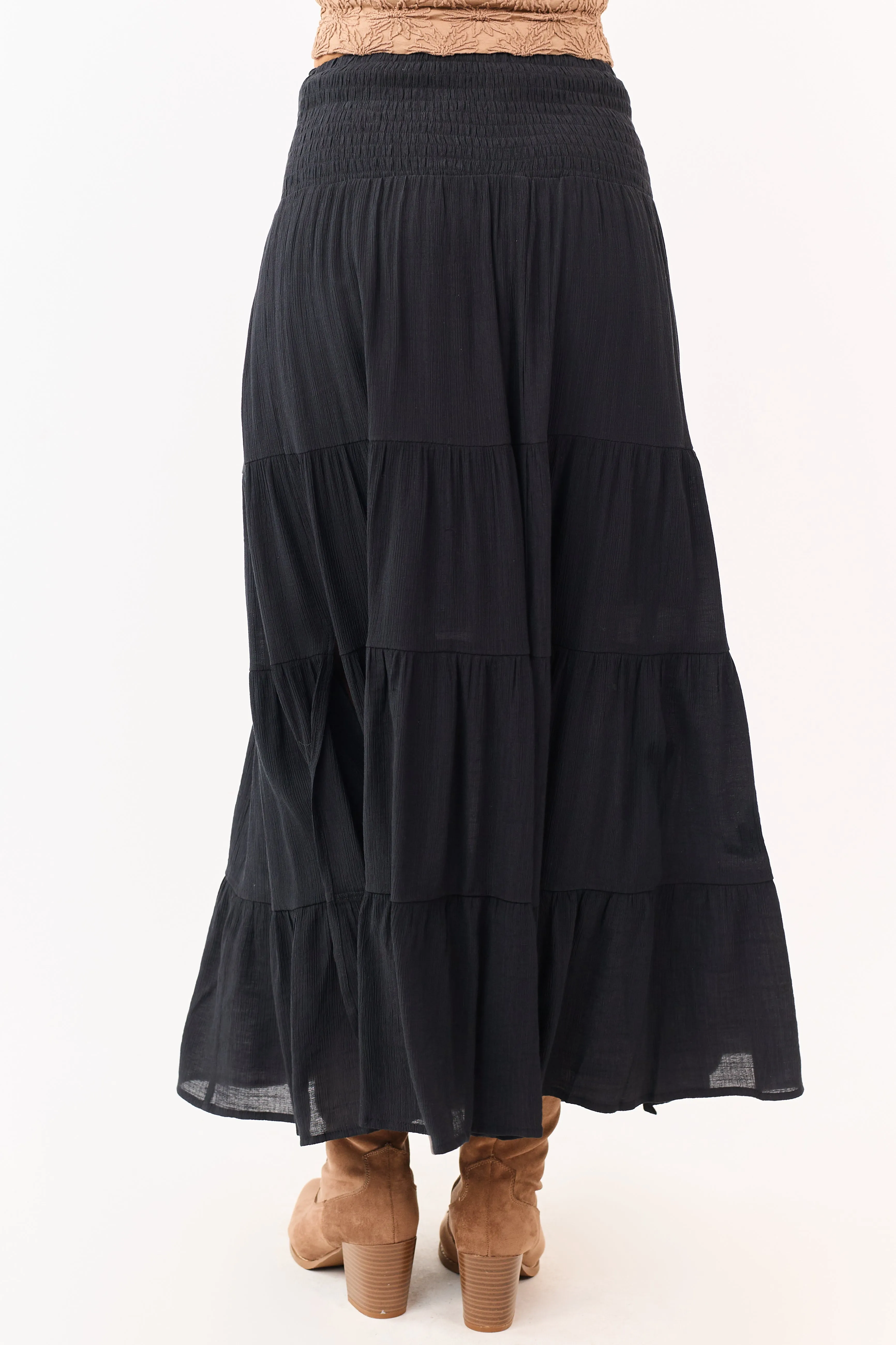 Black Smocked Waist Tiered Flowy Maxi Skirt sold by Lime Lush product image thumbnail 4