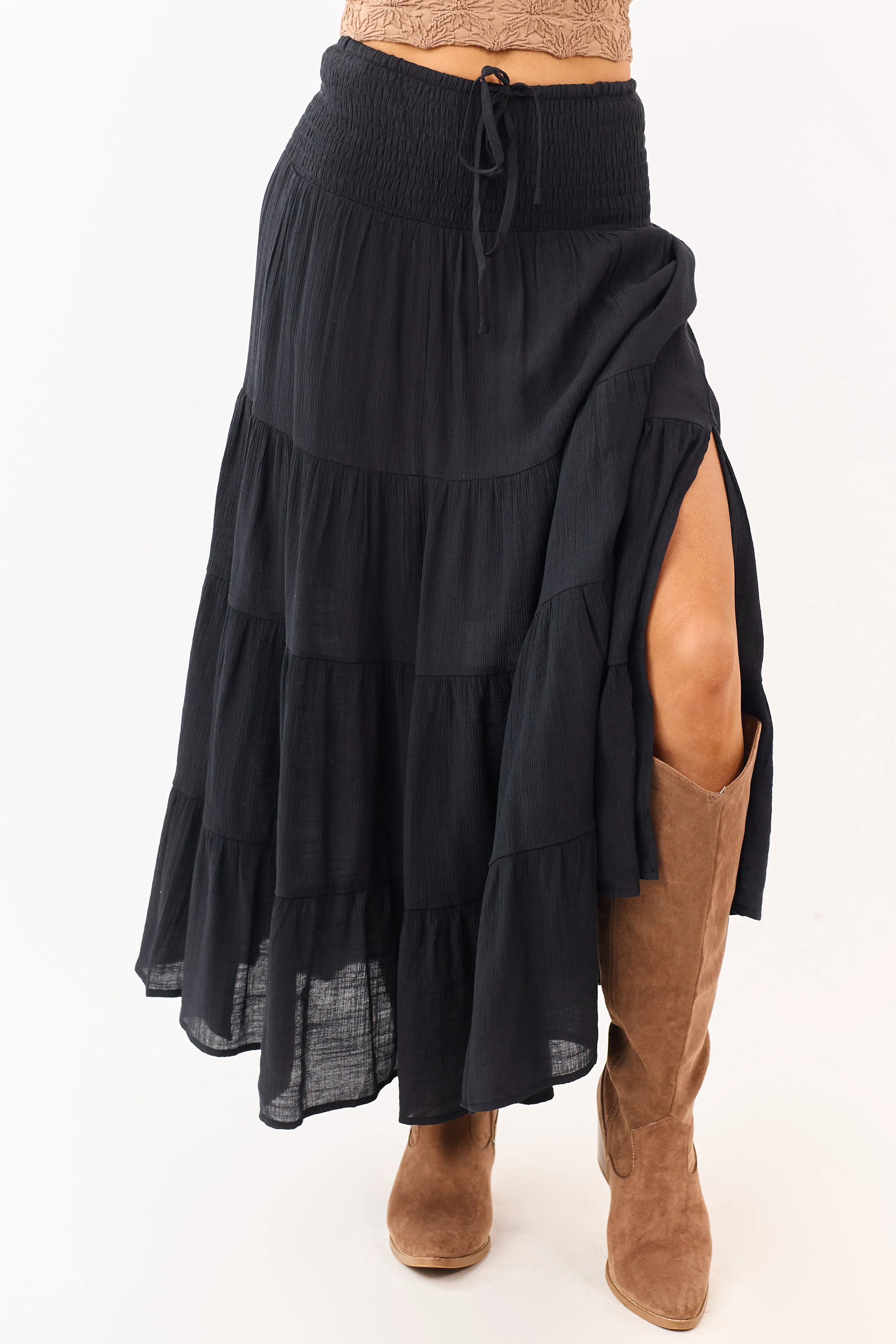 Black Smocked Waist Tiered Flowy Maxi Skirt sold by Lime Lush product image thumbnail 2