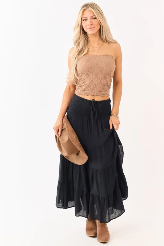 Black Smocked Waist Tiered Flowy Maxi Skirt made by mittoshop
