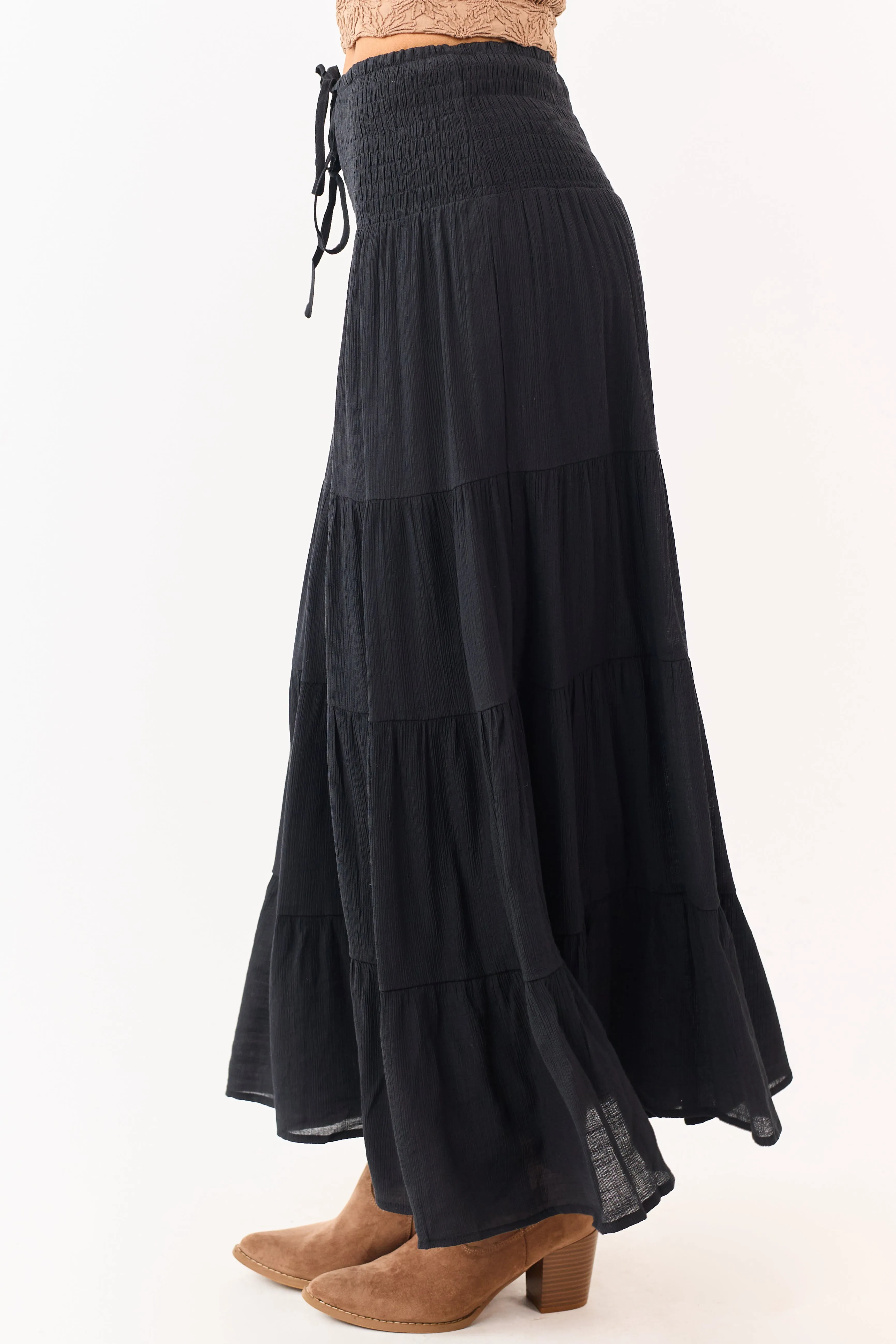 Black Smocked Waist Tiered Flowy Maxi Skirt sold by Lime Lush product image thumbnail 3