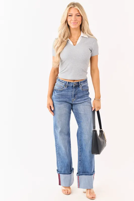 Mica Denim Medium Wide Leg Cuffed Stretch Jeans sold by Lime Lush