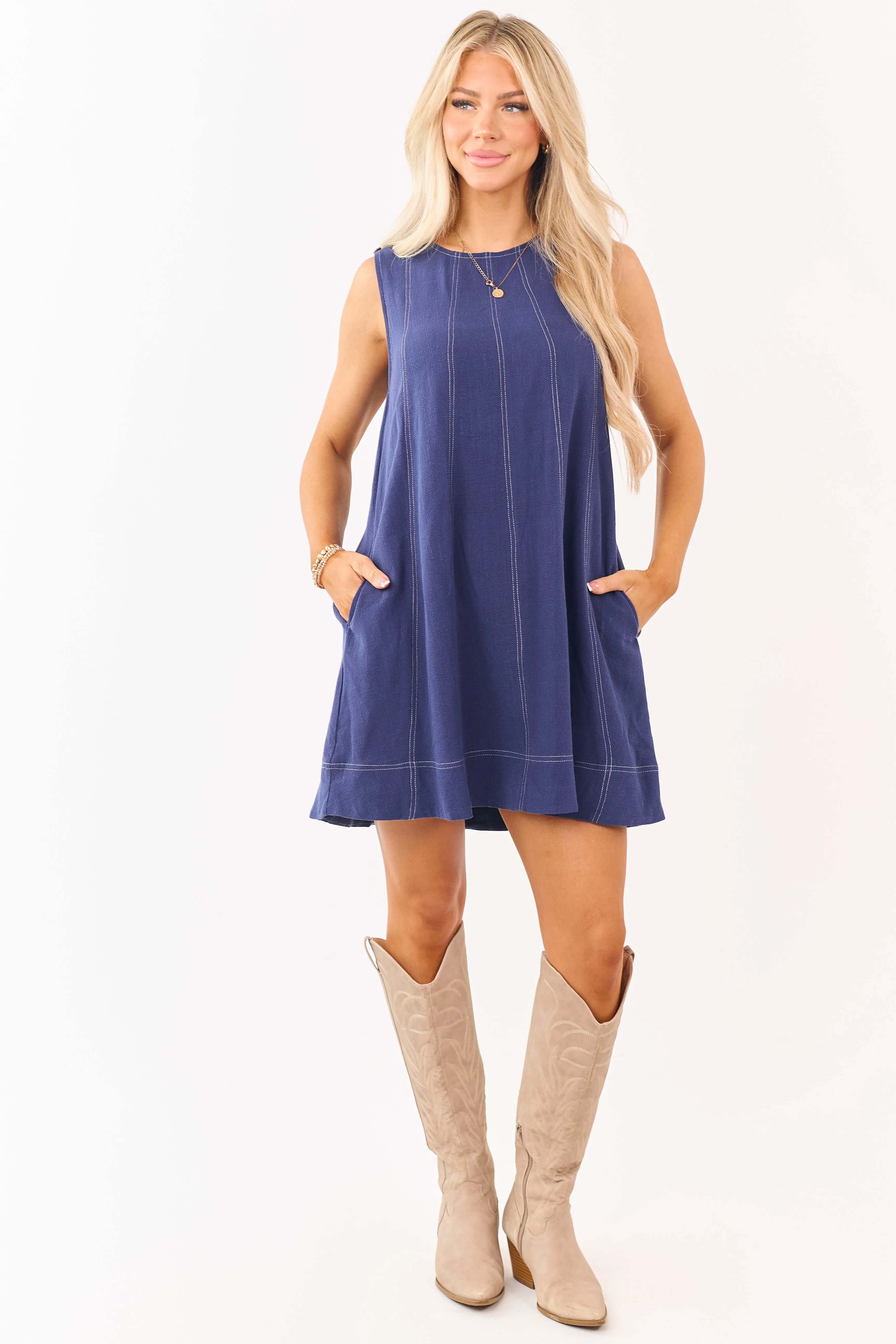 Navy Contrast Stitching Linen Blend Mini Dress sold by Lime Lush