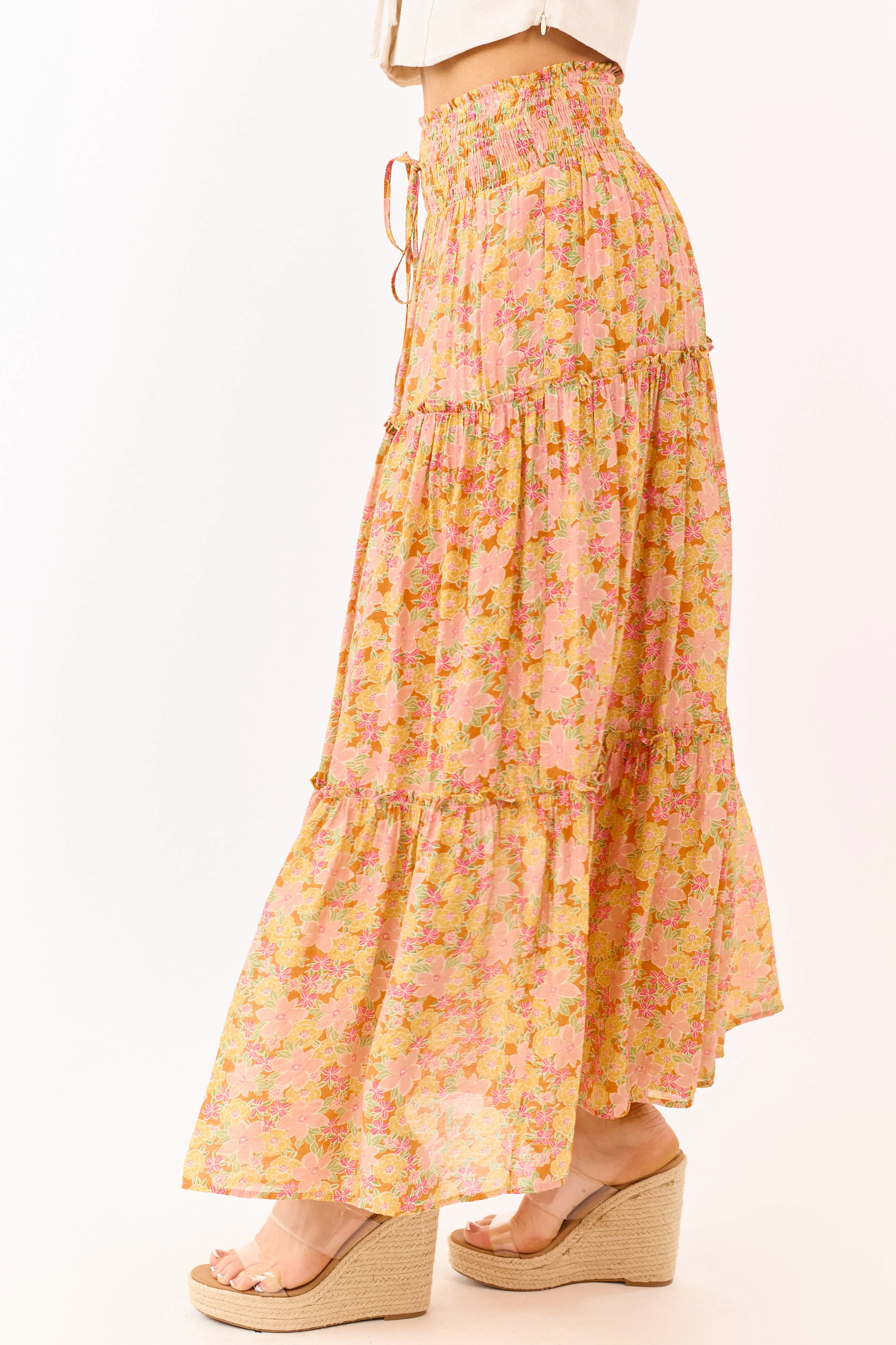 Tangerine Floral Print Tiered Maxi Skirt sold by Lime Lush product image thumbnail 3