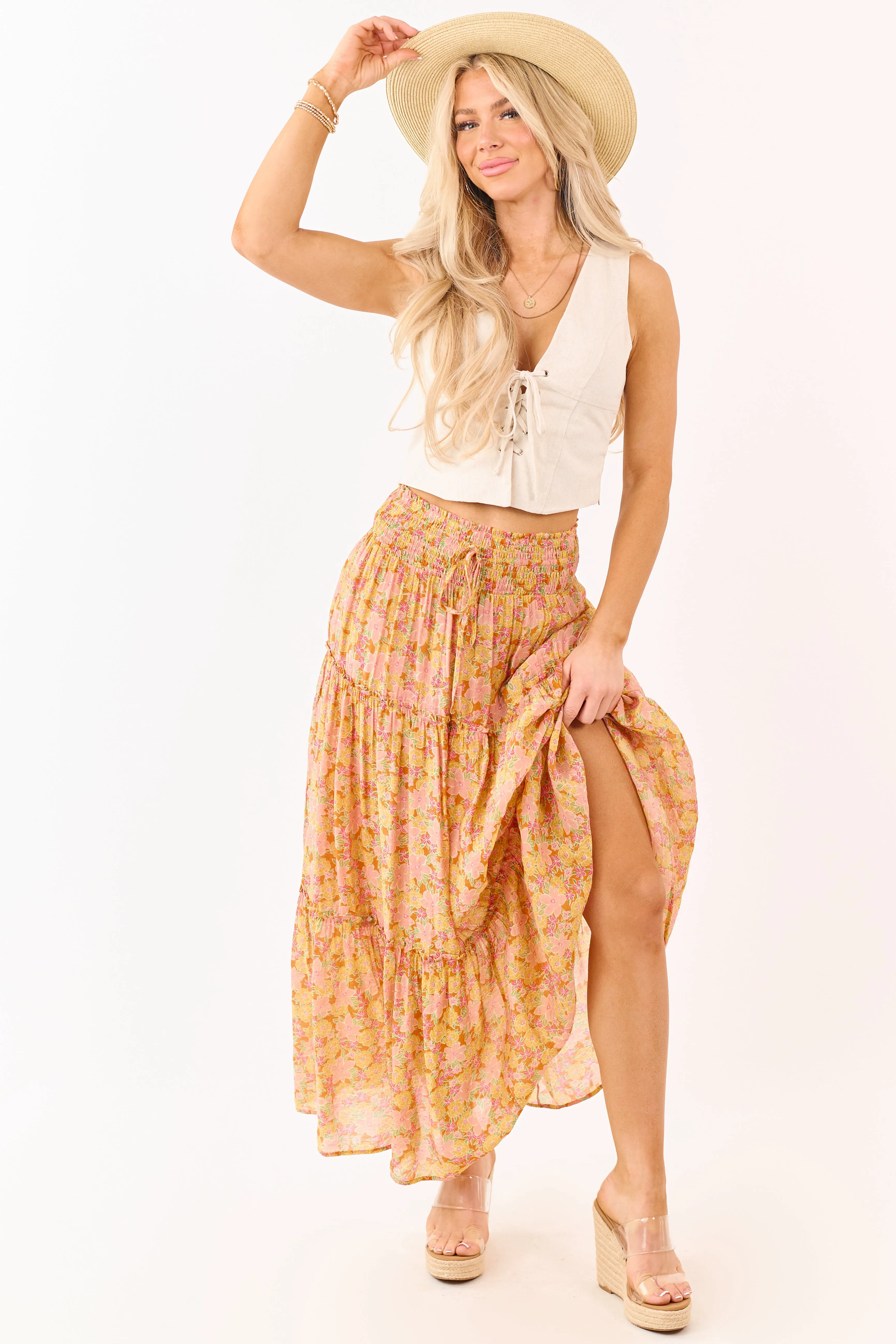 Tangerine Floral Print Tiered Maxi Skirt sold by Lime Lush product image thumbnail 5