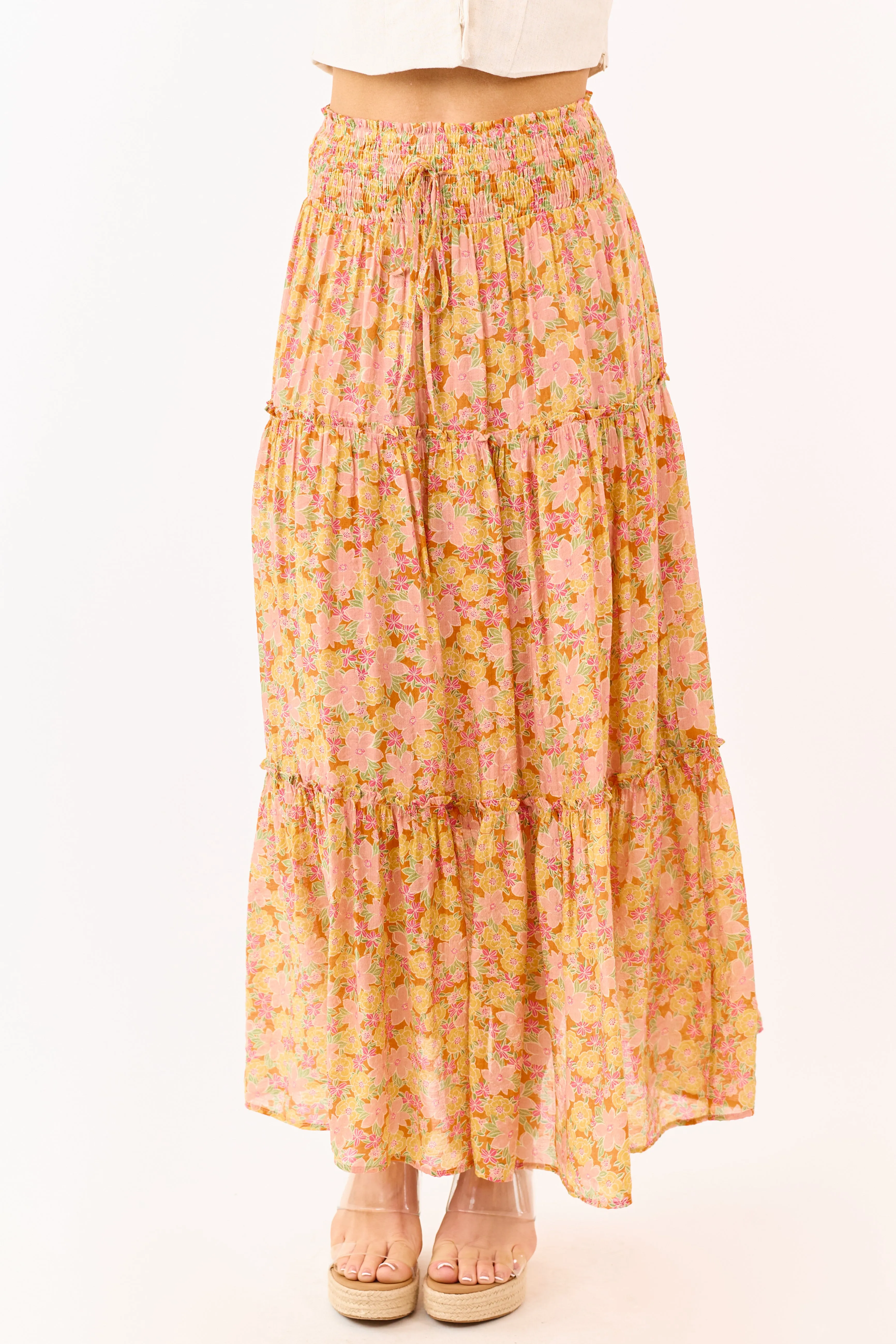 Tangerine Floral Print Tiered Maxi Skirt sold by Lime Lush product image thumbnail 2