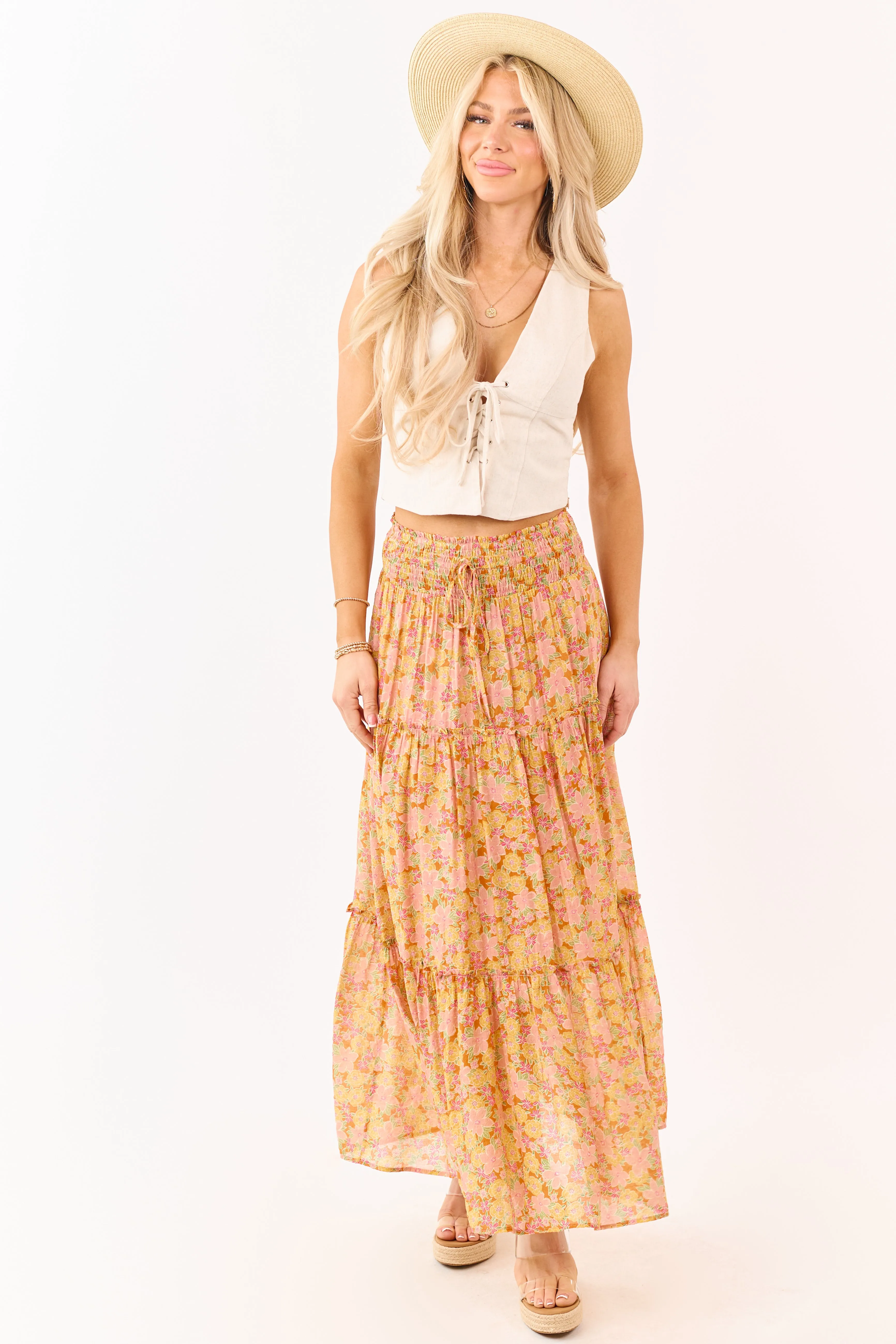 Tangerine Floral Print Tiered Maxi Skirt sold by Lime Lush