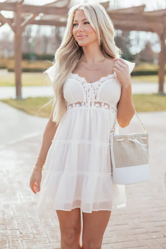 Ivory Lace Trim Tiered Ruffle Mini Dress sold by Lime Lush