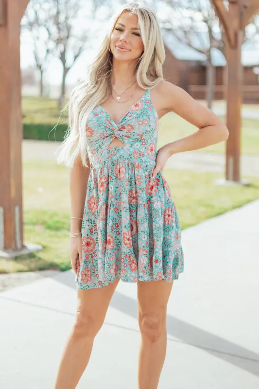 Aqua Floral Print Front Twist Tiered Mini Dress sold by Lime Lush