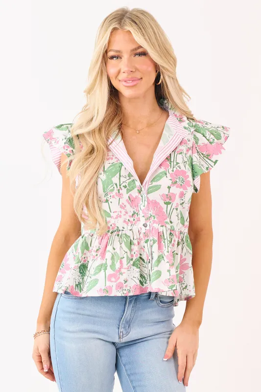 Entro White Floral Print Ruffle Trim Cotton Top sold by Lime Lush