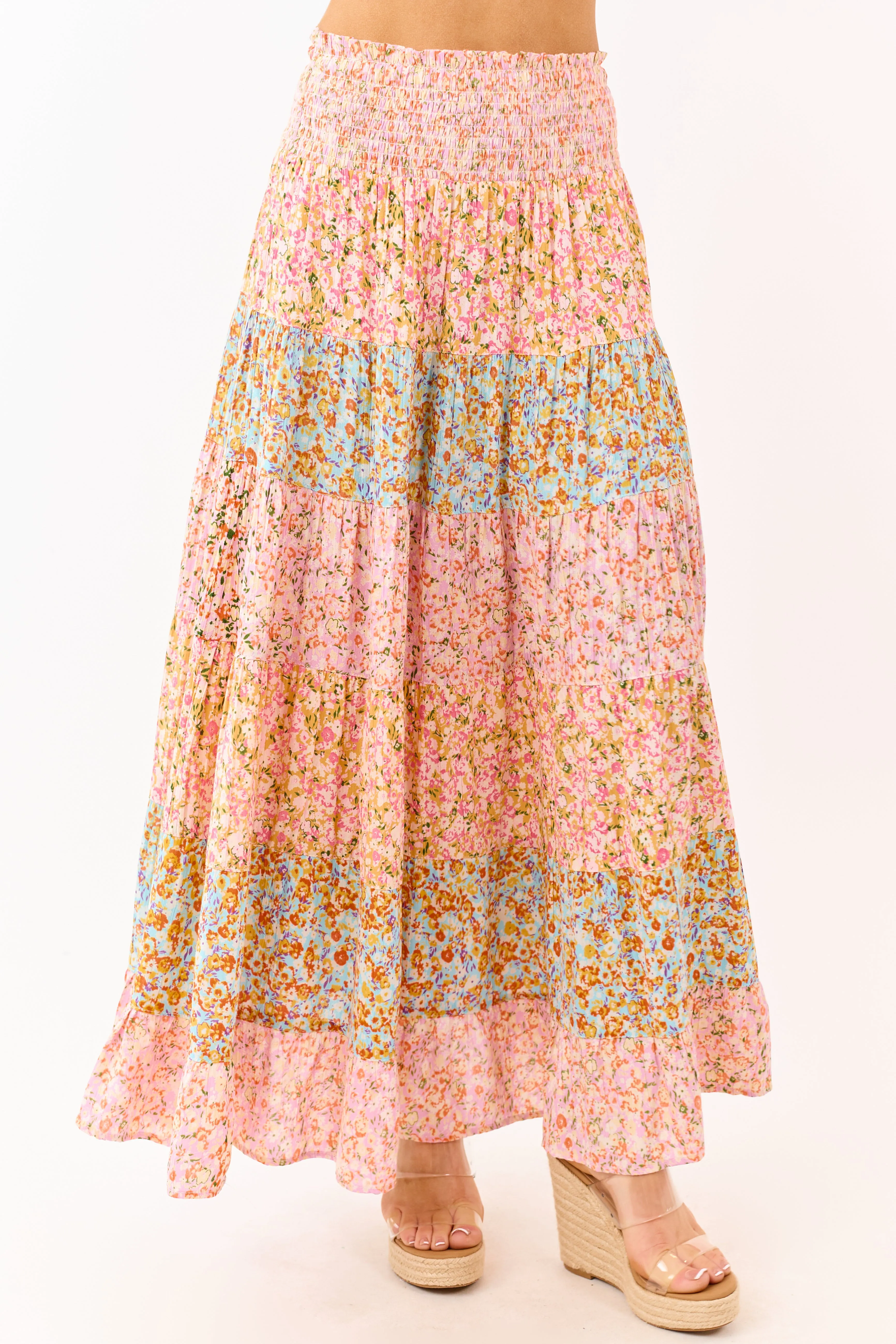 Multicolor Floral Print Colorblock Tiered Maxi Skirt sold by Lime Lush product image thumbnail 2