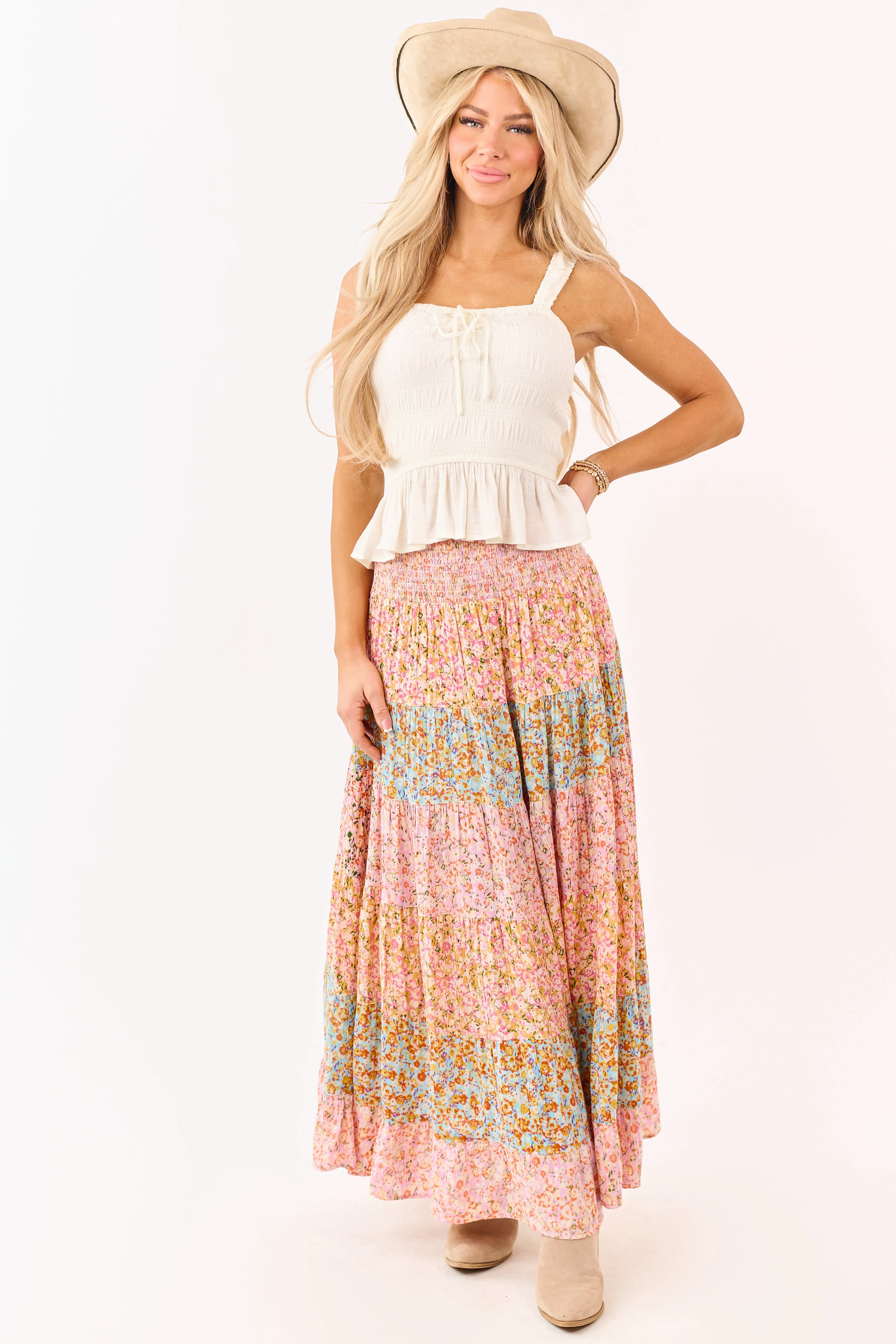 Multicolor Floral Print Colorblock Tiered Maxi Skirt sold by Lime Lush product image thumbnail 5