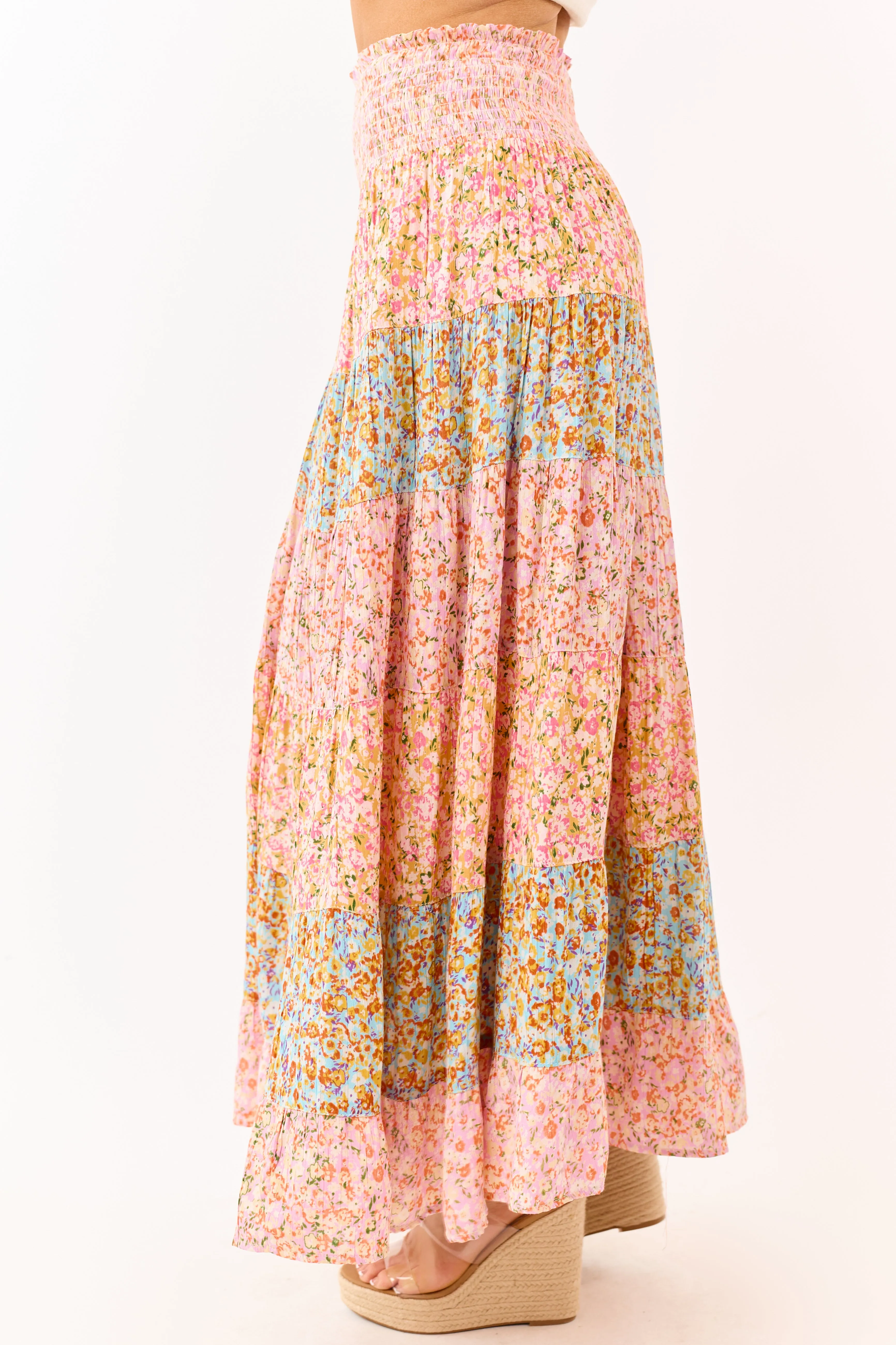 Multicolor Floral Print Colorblock Tiered Maxi Skirt sold by Lime Lush product image thumbnail 3