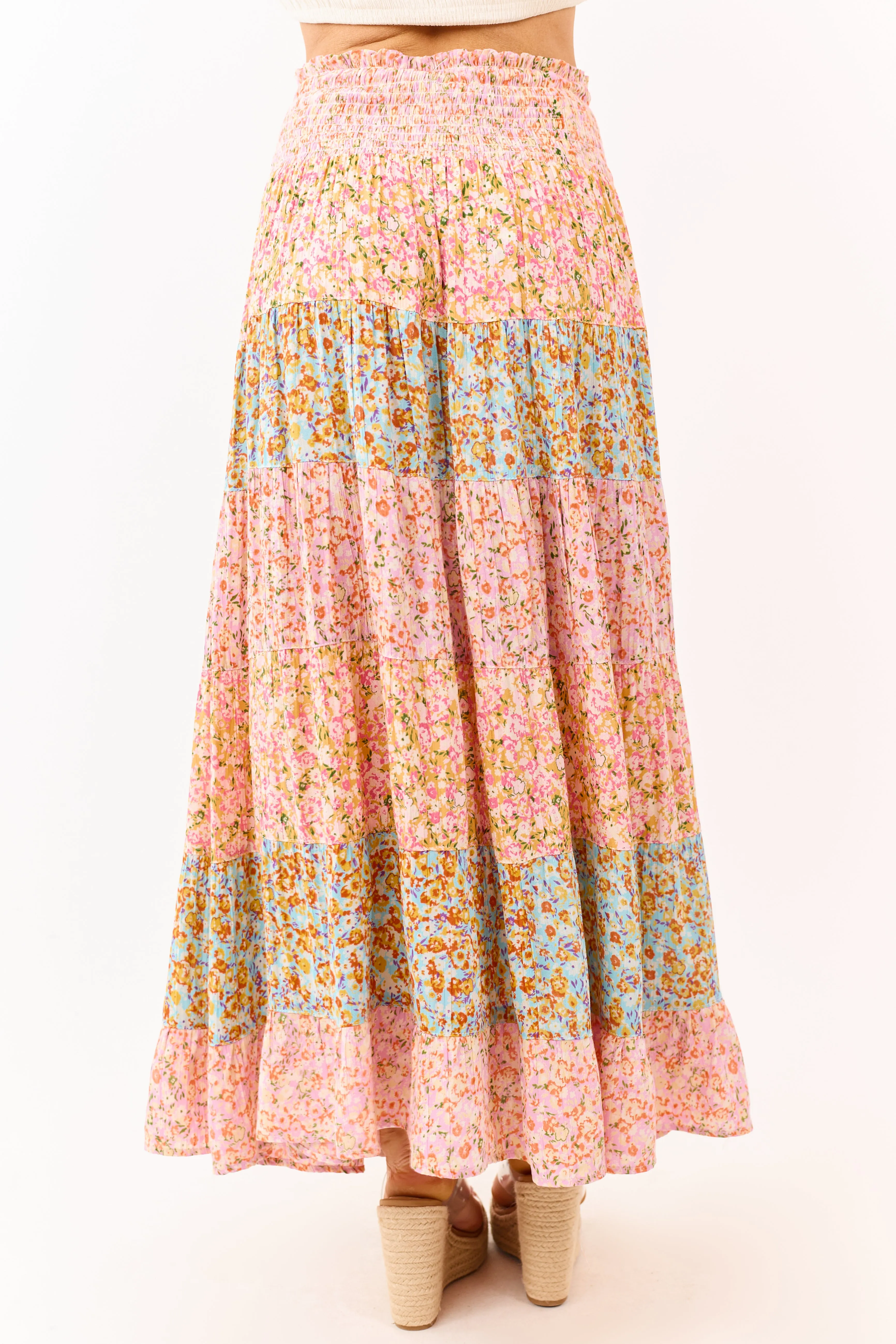 Multicolor Floral Print Colorblock Tiered Maxi Skirt sold by Lime Lush product image thumbnail 4