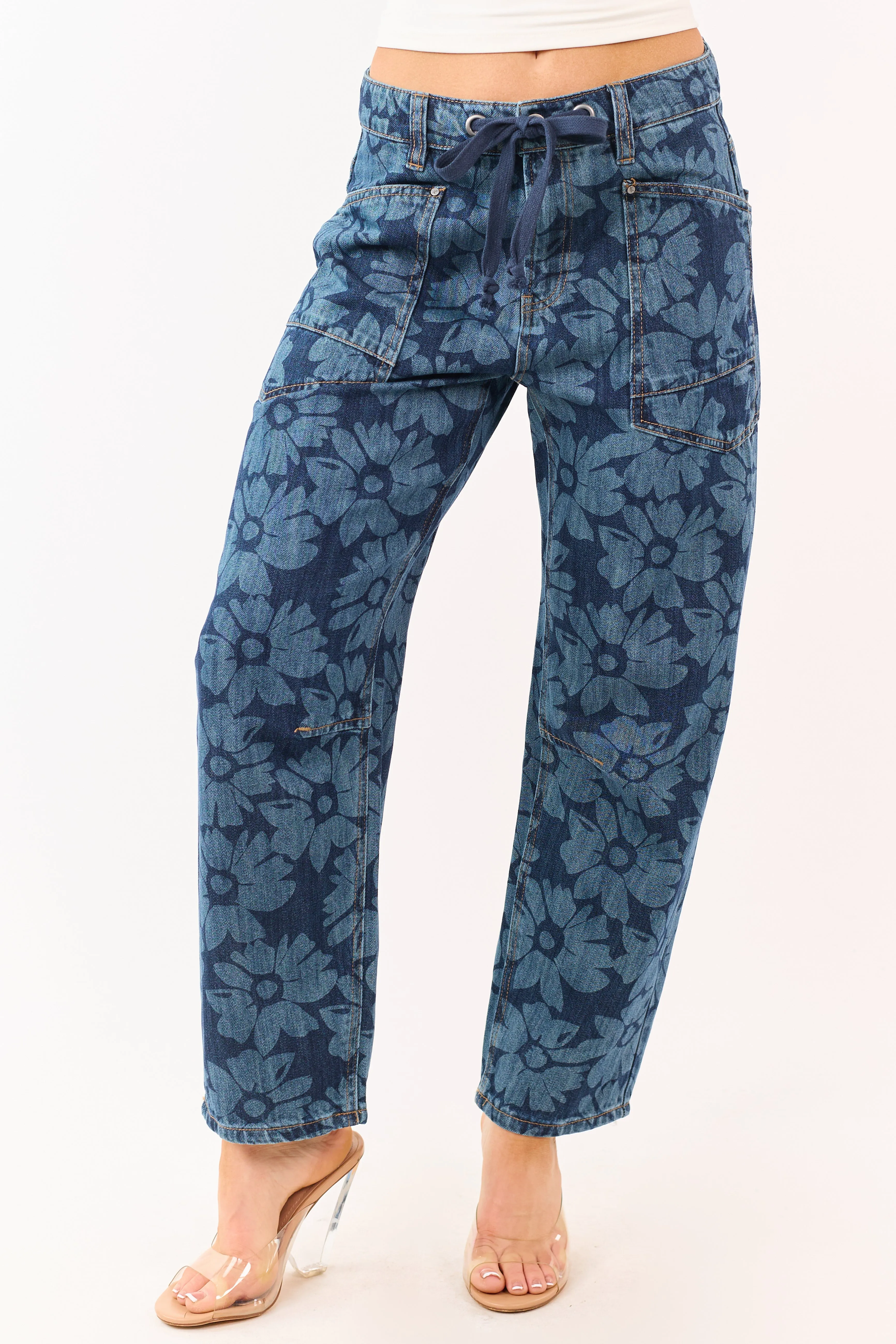 Risen Dark Wash Floral Print Drawstring Barrel Jeans sold by Lime Lush product image thumbnail 2