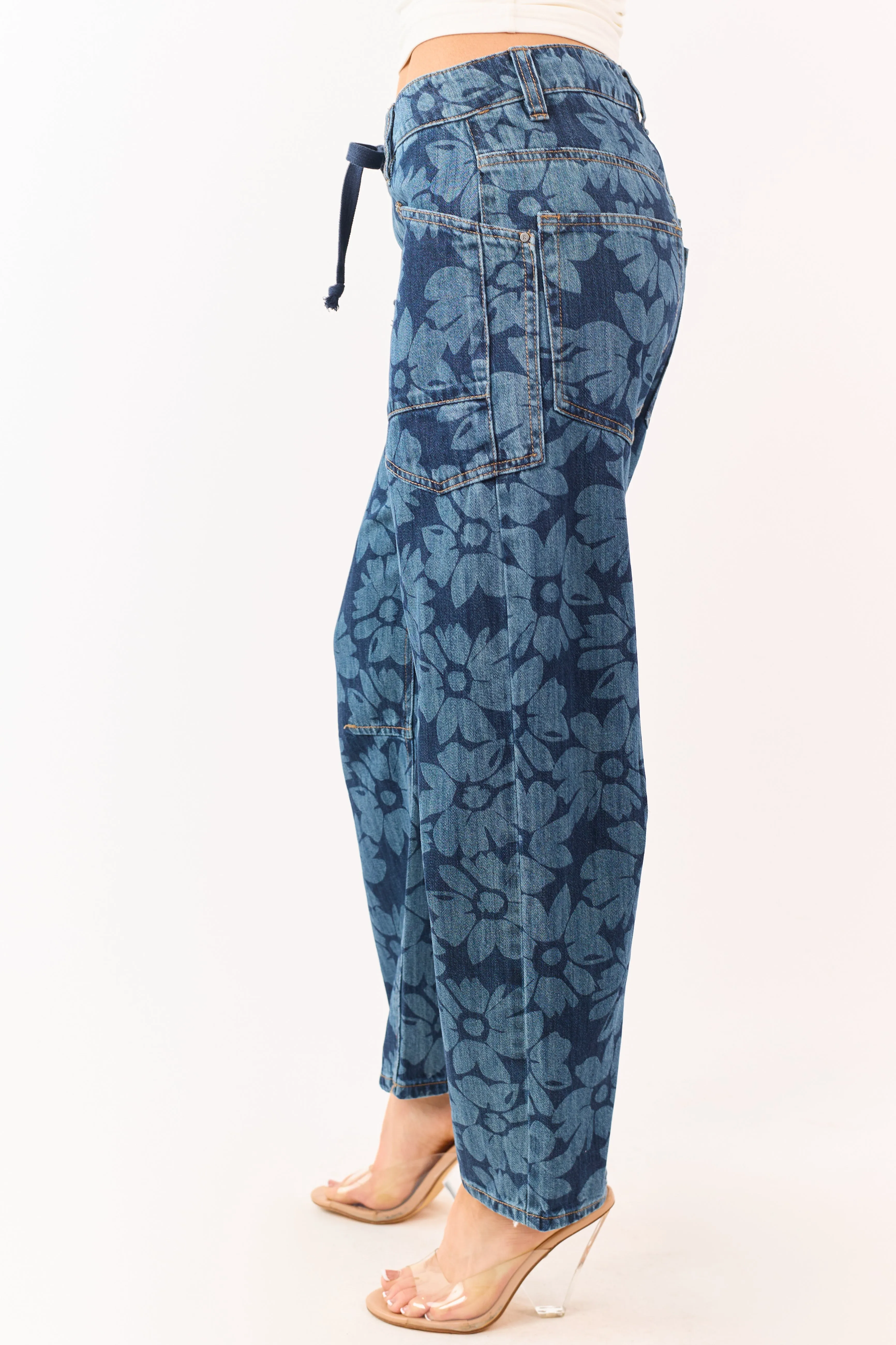 Risen Dark Wash Floral Print Drawstring Barrel Jeans sold by Lime Lush product image thumbnail 3