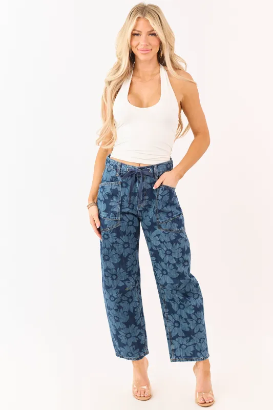 Risen Dark Wash Floral Print Drawstring Barrel Jeans made by Risen