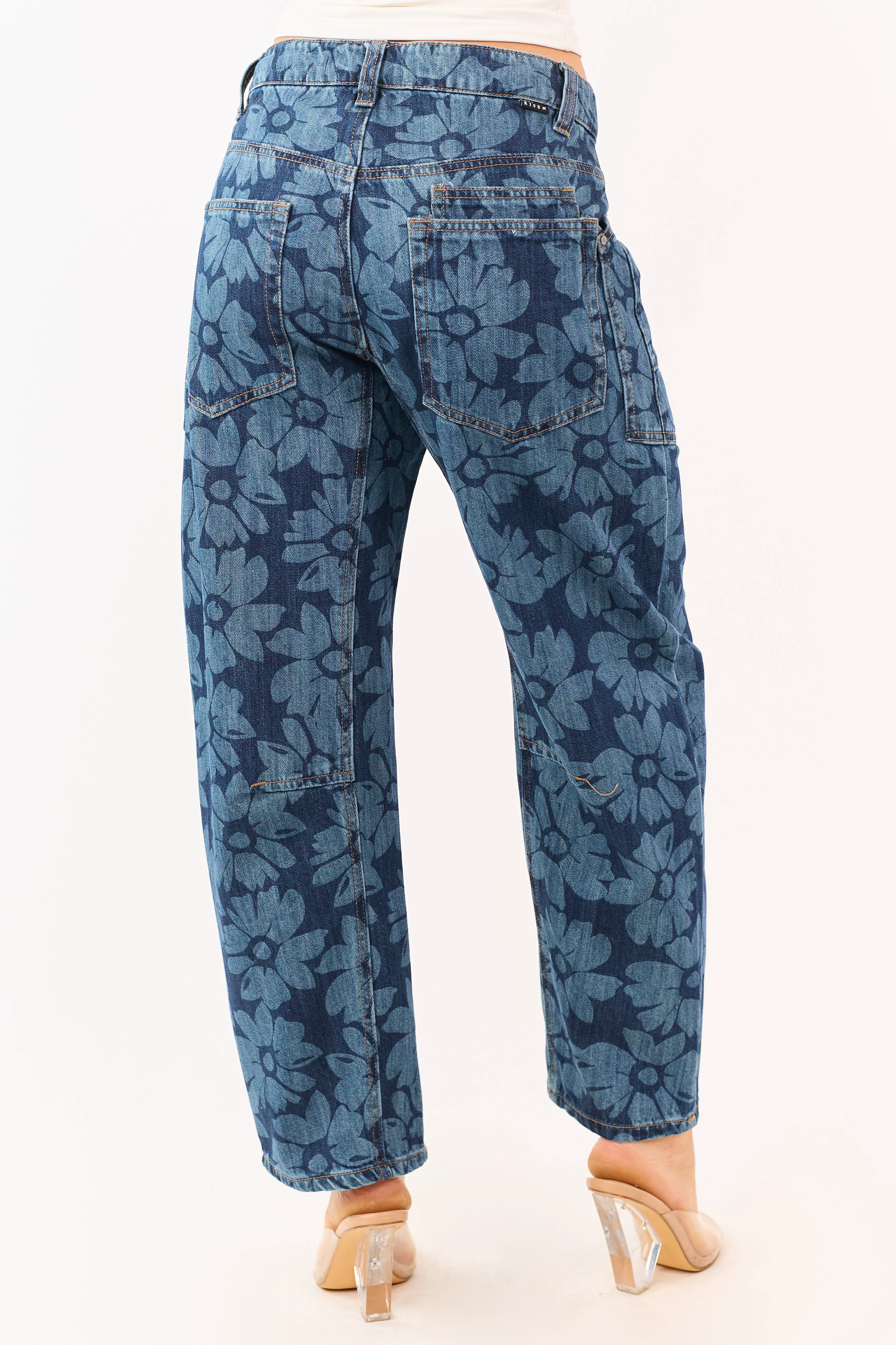 Risen Dark Wash Floral Print Drawstring Barrel Jeans sold by Lime Lush product image thumbnail 4