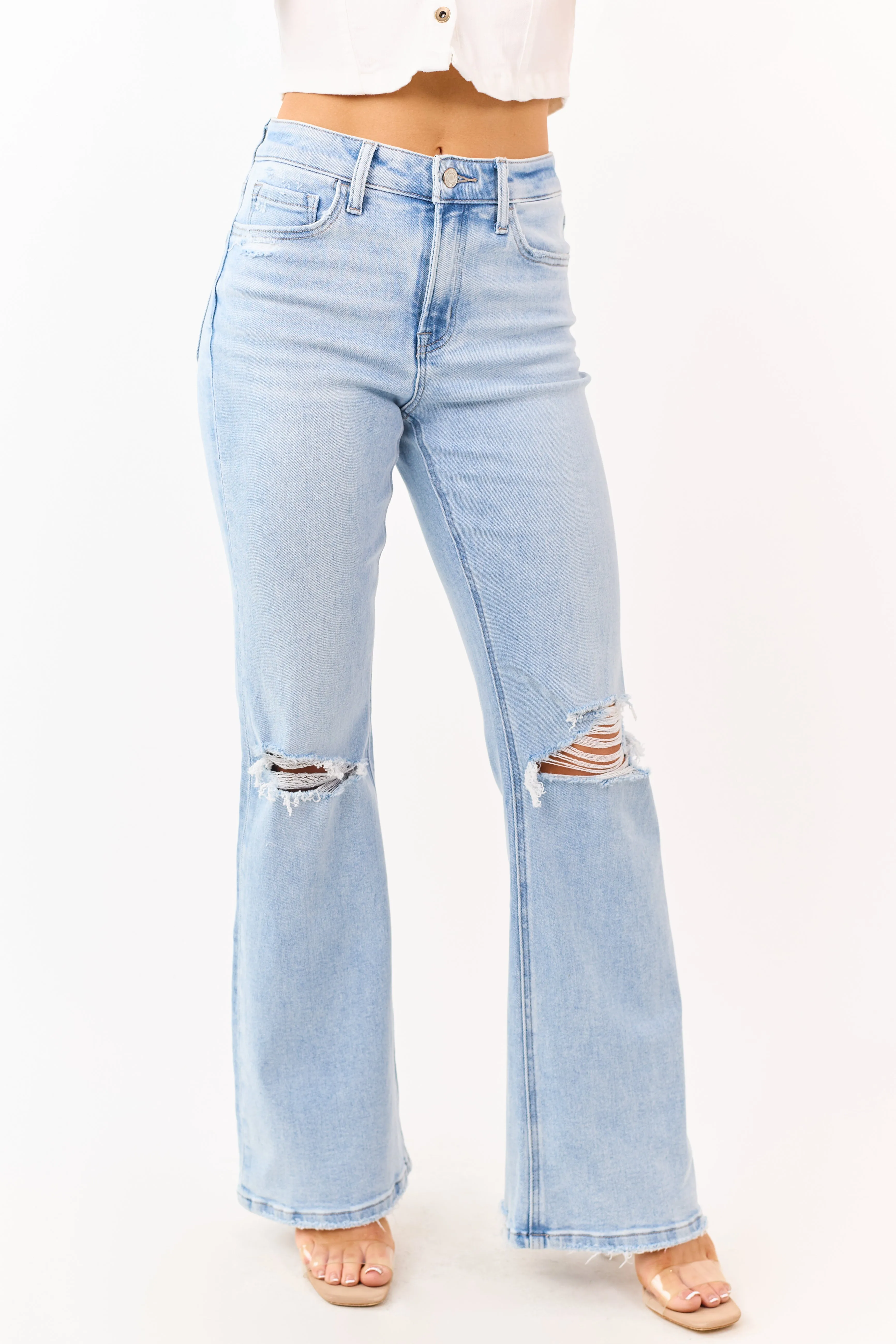 Vervet Light Wash Distressed Stretchy Flare Jeans sold by Lime Lush product image thumbnail 2