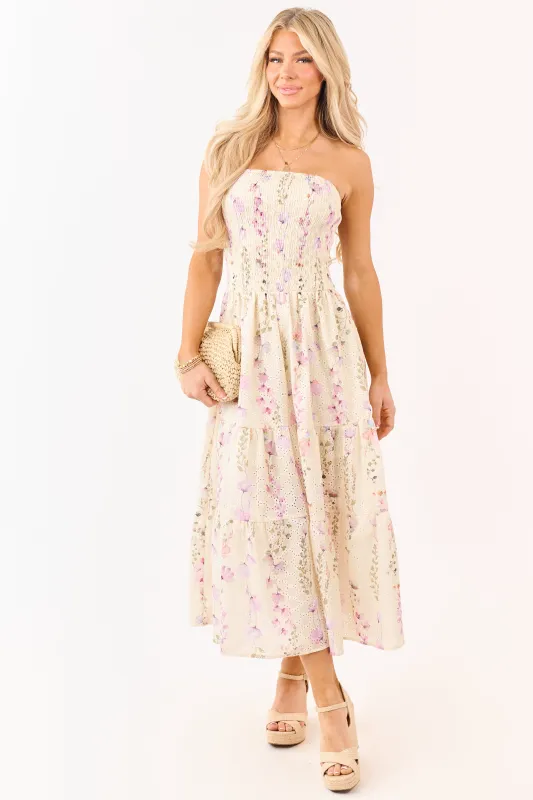 Pastel Yellow Floral Print Strapless Midi Dress sold by Lime Lush