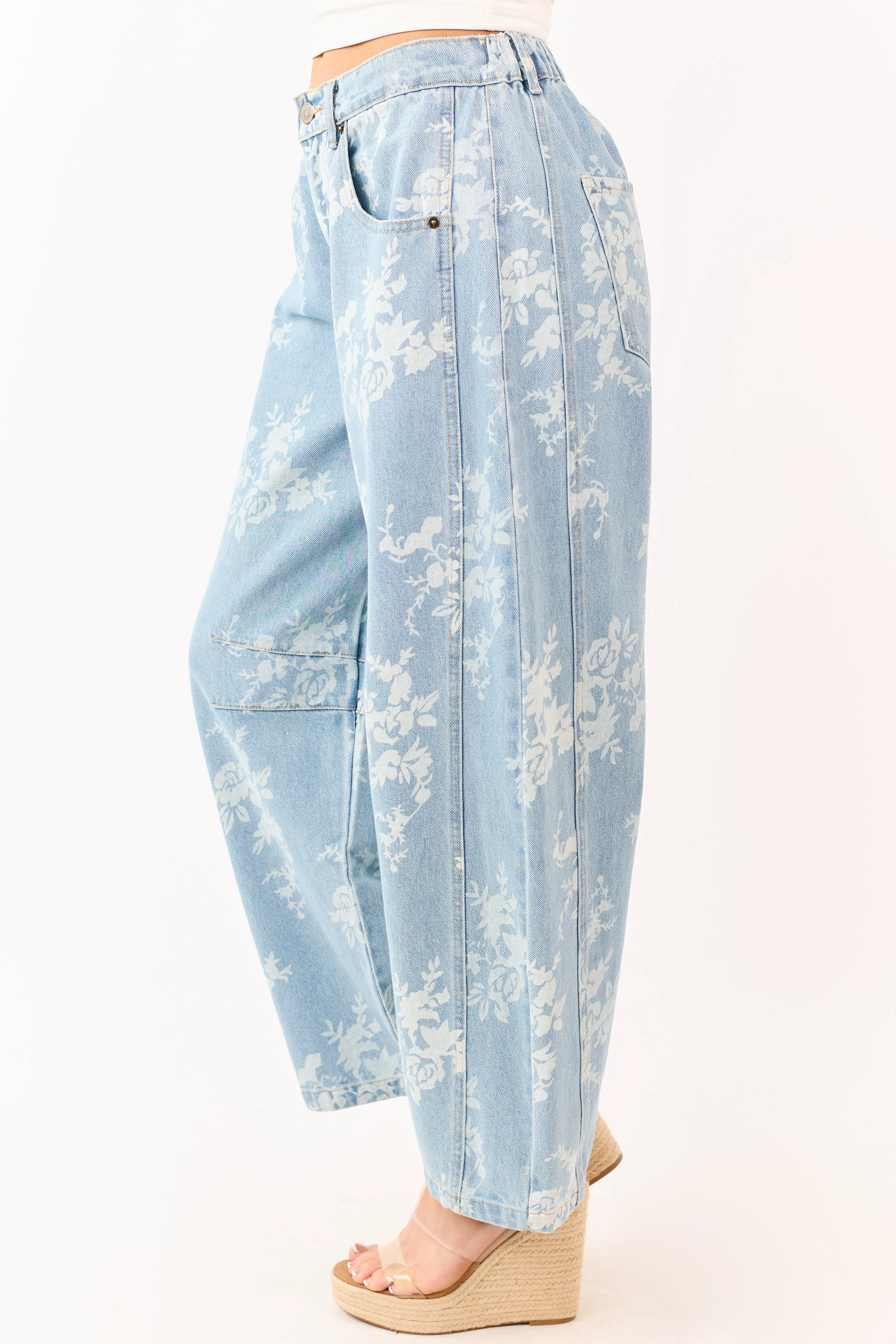 Light Wash Floral Elastic Waist Barrel Jeans sold by Lime Lush product image thumbnail 3